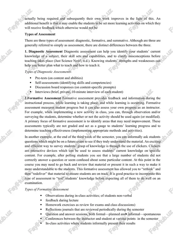 ess can have very definite educational benefits. not so much a type of assessment like those already listed, this is something which can be done in conjunction with any type of assessment. the important aspect is that it involves the student in trying to apply the assessment criteria for themselves. this might include: a marking exercise on 'fictitious' or previous years' student work; the completion of a self-assessment sheet to be handed in with their work; 'marking' a peer's work and giving them feedback (which they can then possibly redraft before submission to the tutor); or really marking other students' work (i.e. allocating marks which actually count in some way) - a seminar presentation, for example, or a written product using a model answer. the evidence is that through trying to apply criteria, or mark using a model answer, the student gains much greater insight in to what is actually …