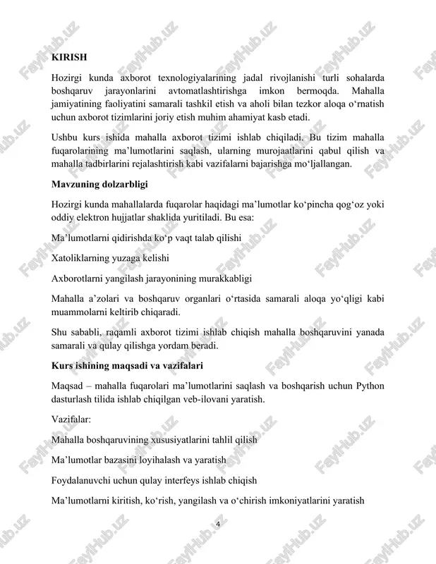 xodimlari va fuqarolar oson tushunib ishlata olishi kerak. 5. tizimni amalga oshirish bosqichlari mahalla axborot tizimini ishlab chiqishda quyidagi bosqichlarni bajarish lozim: tizimga qo‘yiladigan talablarni aniqlash ma’lumotlar bazasi modelini ishlab chiqish foydalanuvchi interfeysini yaratish dastur kodini yozish va test qilish tizimni mahalla hayotida sinovdan o‘tkazish bu bosqichlar natijasida raqamli mahalla axborot tizimi ishlab chiqiladi va joriy etiladi. ushbu tizim mahalla boshqaruvini soddalashtirish va samaradorlikni oshirishga xizmat qiladi. mahalla axborot tizimini ishlab chiqish mahalla axborot tizimini ishlab chiqish jarayoni quyidagi bosqichlardan iborat: texnik talablarni aniqlash ma’lumotlar bazasini loyihalash foydalanuvchi interfeysini yaratish tizimni dasturlashtizimni sinovdan o‘tkazish 1. texnik talablar mahalla axborot tizimi veb-ilova shaklida ishlab chiqiladi va quyidagi texnologiyalardan foydalaniladi: backend: flask (python) ma’lumotlar bazasi: sqlite (yoki postgresql) frontend: html, css, bootstrap ma’lumotlarni saqlash: sqlalchemy (orm) tizim quyidagi funktsiyalarni bajarishi kerak: fuqarolar ma’lumotlarini qo‘shish, ko‘rish, o‘chirish, yangilash mahalla murojaatlarini boshqarish tadbirlarni rejalashtirish foydalanuvchi uchun qulay interfeys yaratish 2. ma’lumotlar bazasini loyihalash tizim …