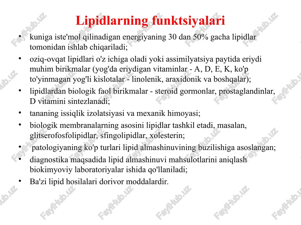 a a2 ta'sirida lizofosfolipid va yog' kislotasi hosil bo'ladi, keyin lizofosfolipaza (a1) harakat qiladi. tripsin fosfolipidlarning gidrolitik bo'linishi + xolin oshqozon osti bezi shirasida lipaza bilan bir qatorda monogliserid izomeraza mavjud bo'lib, u monogliseridning ß(2)-pozitsiyasidan a(1)-holatiga asilning molekulyar o'tkazilishini katalizlaydi. keyin lipaz a-monoglitseridni yakuniy mahsulotlarga ajratadi. a-monoglitseridning kichikroq qismi lipaz ta'sirini chetlab o'tib, ingichka ichak devoriga singib ketadi. xolesterin esteraza xolesterin esterlarini parchalaydi. ichak shilliq qavati hujayralarida (entotsitlar) yog'larning qayta sintezi ingichka ichakning shilliq qavati oziq-ovqat taglarining hazm bo'lishi va so'rilishi oziq-ovqat tag bolshie lipidnie kapli safro kislotalari emulsifikatsiya nozik emulsiya cor1 tag r2oc cor2 h2o pankreatik lipaz gidroliz on 2 – mag r2os on yog 'kislotalari (rcooh) safro kislotalari yog 'kislotalari (rcooh) yog 'kislotalari (rcooh) no - on no - on yog 'kislotalari (rcooh) ingichka ichak safro kislotalari portal venadan qon jelchnie kisloti 2 – mag tag xilomikroni (xm) drugie lipidi 2rcooh 2rcoskoa ichak shilliq qavatining hujayralari - enterotsitlar …