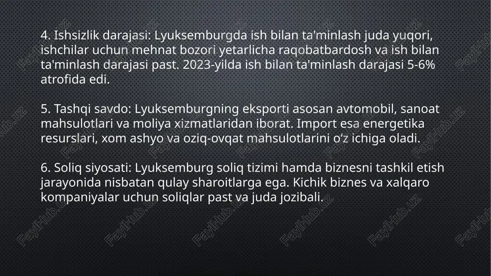 l iqtisodiyot va innovatsiyalar: lyuksemburg ekologik barqarorlikka katta ahamiyat berib, qayta tiklanadigan energiya manbalarini rivojlantirishga sarmoya kiritmoqda. yashil energiya va texnologiyalar bo‘yicha yangi imkoniyatlar ochilmoqda. 2. turizmni rivojlantirish: lyuksemburgning tarixiy va madaniy boyliklari turizm uchun katta imkoniyatlar yaratadi. bu sohada rivojlanish uchun imkoniyatlar mavjud, chunki mamlakatning sayyohlik salohiyati hali to‘liq ochilmagan. 3. xalqaro biznes va investitsiyalarni jalb qilish: lyuksemburgning moliyaviy sektorini rivojlantirish va xorijiy investitsiyalarni jalb qilishda yangi imkoniyatlar mavjud. soliq imtiyozlari va biznes uchun qulay sharoitlar uni xalqaro investitsiyalar uchun jozibador qiladi. tahdidlar (threats) 1. xalqaro raqobat: lyuksemburgning moliyaviy sektori va biznes uchun qulay sharoitlari boshqa mamlakatlar tomonidan ham qo‘llanilmoqda, shuning uchun u global raqobatga duch kelishi mumkin. 2. iqlim o‘zgarishi va ekologik xavf: ekologik tahdidlar va iqlim o‘zgarishi lyuksemburgda yashil energiya va barqaror rivojlanish jarayonlariga bo‘lgan talabni oshirishi mumkin, lekin bu jarayonlar jadal rivojlanayotgan texnologiyalarni talab qiladi va yirik sarmoyalarni jalb etishni talab qiladi. 3. ishsizlik darajasi va …