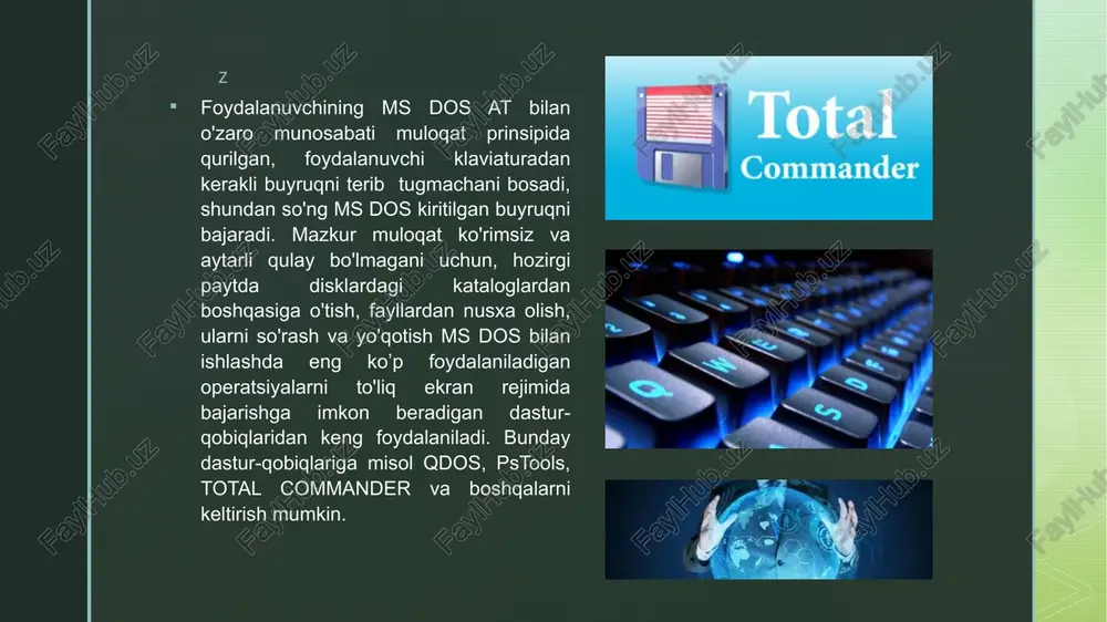 r bo`limiga o`tish tab bir paneldan boshqasiga o`tish insert fayl yoki katalogni ajratish alt+enter hususiyat darchasini ko`rish. mikroprocessor (mp), boshqachasiga central processing unit (cpu), — dasturli boshqariladigan, axborotni qayta ishlaydigan funkcional tugallangan qurilma bo`lib, u bitta yoki bir nechta katta (kis) yoki juda katta (jkis) integral sxemalar ko`rinishda tayyorlangan. mikroprocessor quyidagi vazifalarni bajaradi: •asosiy xotiradan (ax) buyruqlarni o`qish va deshifrlash (ochish); • ma`lumotlarni ax dan va tashqi qurilmalar (tk) adapterlarining registrlaridan o`qish; • so`rovlarni va buyruqlarni adapterlardan tk, larga xizmat ko`rsatish uchun qabul qilish va qayta ishlash; • ma`lumotlarni qayta ishlash hamda ularni ax ga va tk, adapterlarining registrlariga yozish; • shk ning barcha boshqa uzellari va bloklari uchun boshqaruvchi signallarni ishlab chiqish. z mikroprocessor qiymatlar shinasining razryaoliligi shk ning razryadliligani aniqlaydi; mp adreslar shinasini razryadliligi uning adres kengligini aniqlaydi. adres kengligi — bu asosiy xotira yacheykalarining maksimal soni bo`lib, u bevosita mikroprocessor tomonidan adreslanishi mumkin. birinchi mp 4004 mikroprocessori …