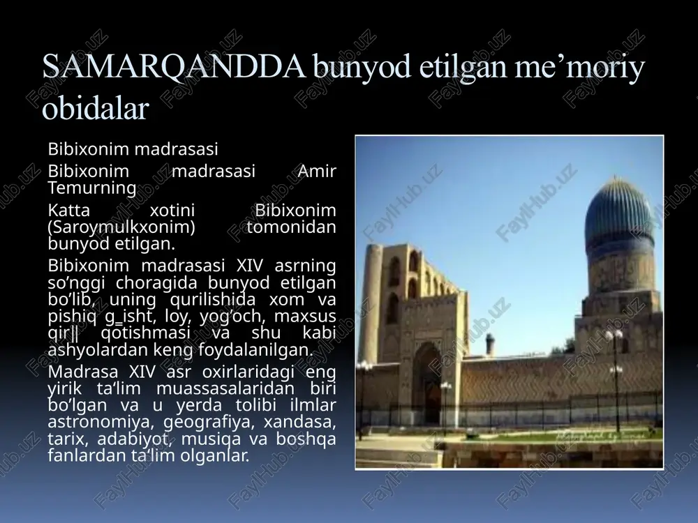 marqanddan 5 km sharqda, panjakent yoʻlining oʻng tomonida (qadimgi hinduvon qishlogʻi oʻrnida) joylashgan. har tarafi 900 m uzunlikdagi baland paxsa devor bilan oʻralgan, 4 darvozasi, markazida hashamatli saroy boʻlgan. saroy uch qavatli boʻlib, har qavatida favvora otilib turgan. saroy devorlariga amir temur olib borgan urushlardan lavhalar chizib qoʻyilgan. amir temur ispaniya elchisi rui gonzales de klavixoni ana shu bogʻda qabul qilgan. bu bogʻ oʻrnida hozir dilkusho qishlogʻi joylashgan. amir temur bog’lari a.amir temur bogʻlaridan eng mashhurlari quyidagilar;bogʻi baland. amir temur samarqandning shimolidagi choʻponota maqbarasi yaqinida nabirasi (mironshohning qizi)ga atab qurdirgan. uni barpo qilishda eron, ozarbayjon va boshqa mamlakatlar bogʻchilik sanʼati ustalari hamda meʼmorlari qatnashgan. bogʻ oʻrtasida tabriz oq marmaridan qurilgan hashamatli qasr boʻlib, uning atrofidagi uzumzor, anjirzor va olmazorlar boqqa goʻzal bir tarovat baxsh etib turgan. amir temur bog’lari bogʻi maydon. amir temur samarqandning shimolida, choʻponota tepaligi etagida qurdirgan. tarixiy manbalarga karaganda, bogʻda hashamatli bir ayvon (koʻshk) va qimmatbaho toshlardan …