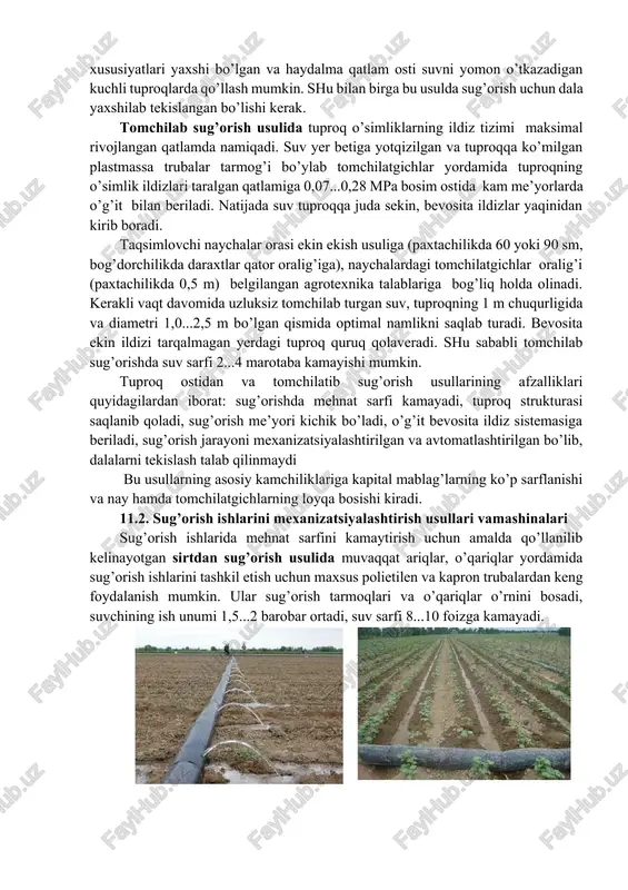 va ppa-165u rusumli sug’orish agregatlaridan (14.3-rasm) foydalaniladi, natijada sug’orish arig’iga ehtiyoj qolmaydi. bu agregatlar yordamida bir kecha-kunduzda 5-6 gektar maydoni sug’orish mumkin. suv keltiruvchi trubalar qo’lda yotqiziladi, sug’orishdan keyin esa trubalar agregat yordamida yig’ishtirib olinadi. yomg’irlatib sug’orish ishlari asosanzanjirli traktorlarga o’rnatilgan, harakatlanib ishlaydigan dda-100ma agregati (2.21-rasm) va ko’chma-bir joyda turib ishlaydigan ddn-70 va ddn-100 rusumli nasosli yomg’irlatish mashinalari yordamida amalga oshiriladi. dda-100m sug’orish agregatining ishlatilishini ta’minlash uchun birinchi sug’orishdan oldin muvaqqat sug’orish ariqlari olinadi va ularning o’ng tomoni bo’ylab agregatlar yurishi uchun yo’l ochiladi. muvaqqat ariqlar dalaning nishabi eng kichik bulgan joyidan o’zaro parallel va bir-biridan 120 m masofada, eng chekkadagi ariq esa dala chetidan 55 m narida va unga parallel olinadi. 11.4-rasm. yomg’irlatib sug’orish agregatlari: a-dda-100m; b-ddn-70; v-ddn-100. yomg’irlatib sug’orishda dalaning tekisligi, egatlardan sug’orish bo’lgani kabi unchalik ta’sir ko’rsatmaydi. ammo ariq olish uchun ajratilgan yo’laklar va uning yoqasidagi yo’llarni tekislash, shuningdek sug’orish tarmog’iga suv taqsimlovchi inshootlar qurish shart. ddn-70 …