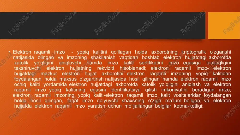 jaatni yuborishning so ngi ʻ qadamida «imzo chekish» tugmasiga bosing. 1. «imzo chekish» tugmasi bosilganida dialogli oyna ochiladi, bunda tegishli eri tanlanishi lozim. imzolash muvaffaqiyatli yakunlangan taqdirda ekranda «shakl muvaffaqiyatli imzolandi» oynasi paydo bo’ladi. keyin «yuborish» tugmasini bosing. elektron imzo nima? elektron imzo olish mumkin bo'lgan narsa emas, balki elektron raqamli imzoga egasiga egalik huquqini tasdiqlash, shuningdek imzolangan vaqtdan boshlab elektron hujjatda ma'lumot / ma'lumotlarning holatini (o'zgartirishlar mavjudligi yoki yo'qligi) qayd etish imkonini beradigan hujjat tafsilotlari. imkoniyatlar elektron imzo eri jismoniy shaxslarga internet orqali davlat, ta'lim, tibbiy va boshqa axborot tizimlari bilan masofaviy aloqani ta'minlaydi. yuridik shaxslar uchun elektron imzo elektron kim oshdi savdolarida qatnashishga ruxsat beradi, yuridik ahamiyatga ega bo'lgan elektron hujjat aylanishini (edf) va tartibga soluvchi organlarga elektron hisobotlarni topshirishni tashkil qiladi. eri foydalanuvchilari uchun taqdim etayotgan imkoniyatlar uni oddiy fuqarolar va kompaniya vakillarining kundalik hayotining muhim qismiga aylantirdi. elektron imzo vositasi, ya'ni kriptografik algoritmlar va funktsiyalar to'plamini …