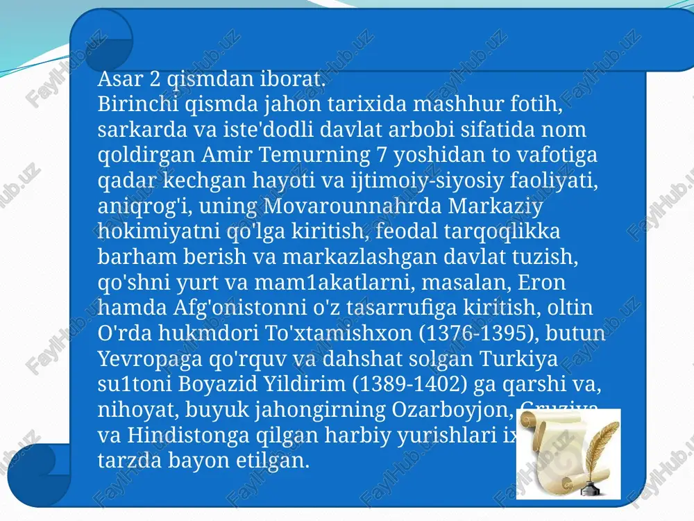 tiga asos bo'1ib xizmat qildi. o'n beshinchi asrni temuriy1ar renessansi davri deb atash mumkin». temur davridagi ilm-fanga g'amxo'r1ik u1ug'bek davriga ke1ib o'z mevasini berdi va samarqandni dunyoga mashhur qildi. o'n yettinchi asrga ke1ib angliya qirolligining birinchi astronomi u1ug'bekning «zijijadidi ko'ragoniy» asaridan foyda1angan. temuriy1ar davri ma'naviyatining buyuk namoyandasi, shubhasiz, alisher navoiydir. navoiy maktabi noyob hodisa bo'1ib, hozirgacha dunyoni 101 q01dirib ke1moqda. albatta, buyuk inson1ar komillik cho'qqisiga oson1ikcha erishgan1ari yo'q. u1ar tur1i qiyin bosqich1ardan o'tgan1ar. o'tmishda ma'naviy kamolotga inti1gan shogirdlar (muridlar) o'zlarini tamomila ustoz (murshid) ixtiyoriga topshirganlar. shogird faqatgina ixlos va sadoqat ila komil ustoz tarbiyasida yetuklikka erishishi, ilm cho'qqilarini zabt etishi, qabih1ik va razolatga yetaklovchi shayton vasvasalaridan saqlanishi mumkinligi haqida «turkiston mulkining shayxul mashoyixi» (alisher navoiy) bo'lgan ahmad yassaviy quyidagi hikmatni bejiz ijod qilmagan: piri mug'on xizmatida yugurib yurdim, xizmat qilib, ko 'zim yummay hozir turdim. madad qildi, azozilni kovlab surdim, andin so'ngra qanot qoqib uchdim mano. talaba1ikning dastlabki davrida ustoz …
