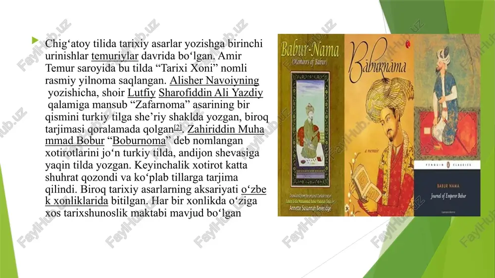 yilnomalarning aksariyati fors tilida yozilgan. ali qora qunduziy (1786—1858), hakimxon toʻra (1802—?), niyoz muhammad xoʻqandiy (1803—?), muhammad solih toshkandiy (1830—?) kabi tarixchilar oʻz yilnomalarini shu tilda yozganlar. fors yilnomalarining oʻzbekcha tarjimalari kam. xix asrning ikkinchi yarmidagina oʻzbek tilida yirik tarixiy asarlar paydo boʻldi. bu kitoblarning aksariyati oʻzbek xalqining rossiya imperiyasining kengayishiga qarshi kurashi tarixiga bagʻishlangan. tarixchi mirzo olim ibn mirzo rahim toshkandiyning 1842—1875-yillarni qamrab olgan “ansob as-salotin va tavorix ul-xavoqin” (“sultonlarning kelib chiqishi va xoqonlar tarixi”) kitobi shular jumlasidandir. mulla olim maxdum xojaning “tarixi turkiston” (“turkiston tarixi”) tarixiy yilnomasi ham xuddi shunday mavzuga ega. rus askarlariga qarshi kurashda qoʻshinlarga boshchilik qilgan qoʻqon sarkardasi mingboshi alimqul xalq orasida nihoyatda mashhur edi. qoʻqonlik shoir va tarixchilar unga koʻplab asarlar, jumladan, mulla xolbek ibn muso andijoniyning “alimqul jangnomasi”, muhammad yunusning “jangnomayi alimqul mingboshi” asari alimqulga bagʻishlagan oʻzbek tarixshunosligining yuksak professional darajasiga erishish oʻzbek tarixchisi, shoiri, siyosatchisi, sharq tabobati boʻyicha mutaxassis, xorazm hukmdori abulgʻoziy …