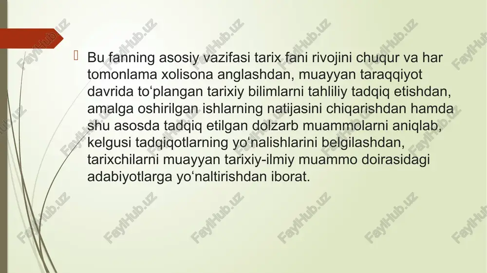 limlar (lunin b. v., biobibliograficheskiye ocherki o deyatelyax obhestvennoʻx nauk uzbekistana, t. 1, t., 1976; t. 2, t., 1977), mustamlakat totalitar tuzum sharoitida oʻzbekiston tarix fani sohasida xizmat qilgan tarixchilarning hayoti va faoliyati (alimova d. a., rashidova d., mahmudxoʻja behbudiy va uning tarixiy tafakkuri, t., 1999; germanov v. a., istoriki turkestana v usloviyax politicheskogo terrora 20—30x godov, t., 2000; germanov v. a, professor pulat saliyev i yego vremya, t., 2002) asarlarda aks ettirildi; xotinqizlar muammosi tarixshunosligi [alimova d. a., jenskiy vopros v sredney azii: istoriya izucheniya i sovremennie problemoʻ (20—80e gg.), t., 1991]; milliy ozodlik harakatlari, ularning xorijda oʻrganilishi (ziyayeva d. h., turkistonda milliy ozodlik harakati, t., 2000) asarlarda oʻz ifodasini topdi. tarixshunoslik boʻlimi tomonidan oʻtkazish anʼanaviy boʻlib qolgan „tarixshunoslik oʻqishlari“ oʻzbekiston tarix fani sohasida amalga oshirilayotgan ishlarni sarhisob qilib boradi. oʻzbekistonda tarixshunoslik fani ilmiy maktablariga b. v. lunin, g.i.jeltova, f.h.qosimov, r. rajapova, d.a. alimova kabi olimlar tomonidan asos solindi. …