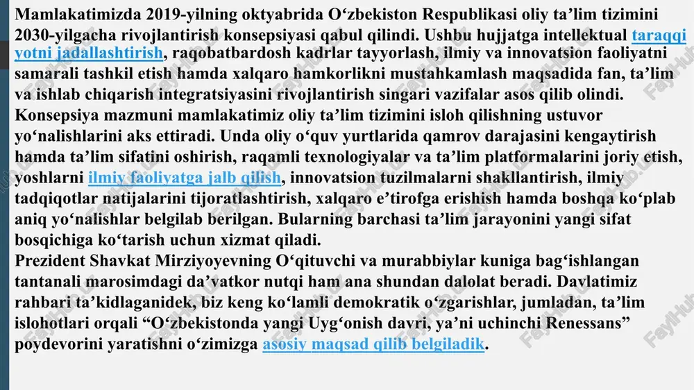 rish kabi vazifalarni nazarda tutadi. unga ko‘ra, 2025 yilga qadar ilm-fanga yo‘naltiriladigan jami mablag‘larning yalpi ichki mahsulotga nisbatan ulushini 6 baravarga, 2030 yilgacha esa 10 baravarga oshiriladi. 2025 yilga qadar ilm-fanni umumiy moliyalashtirish hajmida ilmiy-tadqiqot va tajriba-konstruktorlik ishlariga xususiy sektor tomonidan ajratiladigan mablag‘lar ulushini amaldagi 8 foizdan 20 foizga, 2030 yilgacha esa 30 foizga yetkaziladi. bundan tashqari, 2021 yil 1 yanvardan boshlab ilmiy tashkilotlar rahbarlarini o‘zbekiston respublikasi prezidenti huzuridagi davlat boshqaruvi akademiyasida o‘qitish va muntazam malakasini oshirib borish tizimi joriy qilinadi. hududlarda ilmiy faoliyat bilan shug‘ullanib kelayotgan iqtidorli yoshlarni qo‘llab-quvvatlash, ilm fanga keng jalb qilish, nufuzli ilmiy maktablarni shakllantirish, ularning ilmiy salohiyatini oshirish maqsadida “akademik harakatchanlik” dasturi hayotga tadbiq qilinmoqda. “akademik harakatchanlik” dasturi doirasida ilmiy faoliyat bilan shug‘ullanib kelayotgan iqtidorli yoshlarning ilmiy g‘oyalarini rag‘batlantirish, ularning xorijiy universitetlar va ilmiy markazlarga qisqa muddatli stajirovkalarini tashkil etish uchun yoshlar akademiyasining iqtidorli yoshlarni qo‘llab-quvvatlash jamg‘armasi mablag‘lari hisobidan grantlar ajratiladi. 2021- yil “o‘zbekiston ilmiy …