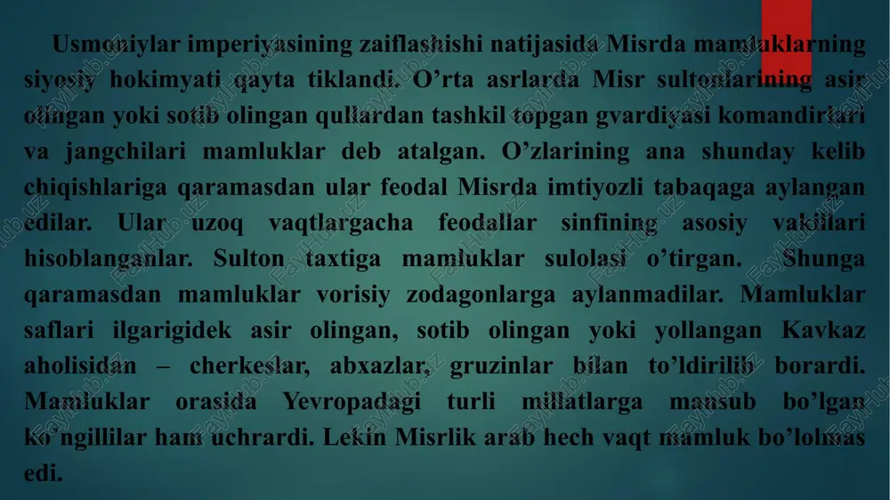 ish yo’liga o’tdi. o’zlarining harbiy tashkilotiga ega bo’lmagan shayxlar ham alban korpusi bilan hamkorlik qilishdan manfaatdor edilar. 1804-yilda boshlanib ketgan qo’zg’olonda muhammad ali qo’zg’olonchilarni qo’llab-quvvatladi va mamluklar qo’shiniga qarshi qohirada mudofaaga rahbarlik qildi. qohira shayxlari aleksandriya hukmdori xurshidni misr poshshosi deb, muhammad alini esa uning o’rinbosari deb e’lon qildilar. mamluklar 4 oy davom etgan muvaffaqiyatsiz qamaldan keyin yuqori misrga chekina boshladilar, muhammad alining qo’shini ularni ta’qib qilib kelardi. bu vaqtda esa xurshid avvalgi soliq va yig’imlarni qayta tikladi. uning turk askarlari qohiraliklarni taladi. 1805-yil aprelda shaharliklarning xurshidga qarshi qo’zg’oloni boshlandi, muhammad ali ham ularni qo’llab-quvvatladi. qohira shayxlari xurshidni haydab yuborib, muhammad alini misr poshshosi deb e’lon qildilar. turk sultoni buni tasdiqlashga majbur bo’ldi. muhammad ali mamluklarga qarshi kurashni davom qildirdi. 1807-yildagi ingliz-turk urushi davrida inglizlar aleksandriyaga desant tushirdilar. lekin muhammad ali ularni mag’lubiyatga uchratib, taslim bo’lishga majbur qildi. shundan keyin mamluk beylari muhammad aliga qarshi kurashni to’xtatishga rozi bo’ldilar. bir …
