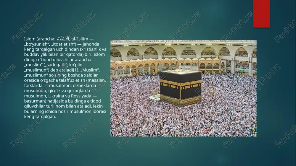 arda vujudga kelgan ilohiyot adabiyotlarida oʻz ifodasini topgan. islomning besh ustuni iymon. har kuni besh mahal namoz oʻqish. ramazon oyida 30 kun roʻza tutish. zakot berish. zakot islomda moliyaviy ibodatdir, yaʼni boyligi nisobga (muayyan miiqdorga)yetgan musulmonalrning yilda bir marta haqdorlarga berishi farz. haj qilish. bu amal moddiy jihatdan qurbi yetadiganlarga farz demografiya jahonda qariyb 1,1–1,8 milliard kishi islom diniga eʼtiqod qiladi. musulmonlarning ⅔ qismidan koʻprogʻi osiyoda yashaydi va bu qitʼa aholisining 20 %idan ortiqrogʻini tashkil etadi. qariyb 30% musulmonlar afrikaga toʻgʻri keladi (qitʼa aholisining deyarli yarmi). dunyoda musulmon jamoalari mavjud boʻlgan 120 dan ortiq mamlakatdan 40 dan ziyodida musulmonlar aholining koʻpchiligini tashkil qiladi — shimoliy afrika, gʻarbiy osiyoning barcha mamlakatlarida (kipr, livan, isroil mustasno), senegal, gambiya, niger, somali, afgʻoniston, pokiston, bangladesh, indoneziya va boshqa baʼzi mamlakatlarda aholining 80% idan ortigʻi musulmonlardir; bir qancha mamlakatlarda musulmonlar aholining yarmidan 80% igacha tashkil qiladi (gvineya, mali, livan, chad, sudan). malayziya va nigeriyada qariyb …