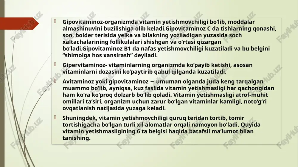 huqurcha yoki dog‘lar paydo bo‘ladi. shuningdek, bu davrda sochlarning ko‘p to‘kilishi, xiralashi kuzatiladigan holat hisoblanadi. yomon konsentratsiya vitamin yetishmasligi hattoki asab tizimiga ham ta’sir qiladi. ish unumdorligining pasayishi, diqqatni jamlash va xotiraning sustligi, charchoq va asabiylik kuzatilishi mumkin. agar ilgari qilingan ishning uchdan biriga ham kuch yetmasa, demak, shifokor ko‘rigidan o‘tish vaqti kelgan. oshqozon buzilishi organizmda ovqat hazm qilish tizimi tanadagi vitamin va minerallarga juda sezgir. agar bu muvozanat buzilgudek bo‘lsa, oshqozon-ichak trakti bilan bog‘liq muammolar ehtimoli katta. oshqozon og‘rig‘i, ich qotishi va diareya vitamin yetishmasligining belgisi sifatida qaraladi. avitaminoz belgilari avitaminoz vitamin yetishmovchiligining belgilari bir necha omillarga bog’liq. asosiy guruh vitamini tanqisligi inson tanasida kuzatiladi. gipovitaminozning shakli (yengil, o’rtacha, og’ir) va bemorning yoshi patologiyaning klinik ko’rinishiga sezilarli ta’sir ko’rsatadi. barcha turdagi vitamin yetishmasligining umumiy belgilari: ishtahaning pasayishi; charchoqni kuchayishi; uyquchanlik; asabiylashish; ko’ngil aynishi. patologiyaning dastlabki belgilari bolaning yoki kattalarning ovqatlanishida vitamin ko’p miqdorda yetishmasligida namoyon bo’ladi. avitaminoz alomatlari a …