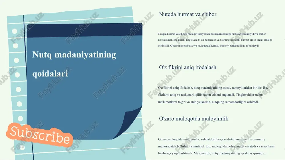 ish va natijada umuman olganda, jamiyatda nutq madaniyatining oshishiga olib kelishi kutilmoqda. ta'limda nutq madaniyatini rivojlantirish o'qituvchilar uchun metodik tavsiyalar: 1. o'quvchilarga nutq madaniyatining asosiy qoidalarini o'rgatish. 2. darslarda interaktiv usullarni qo'llash: munozaralar, rolli o'yinlar. 3. o'quvchilarning nutqini baholash va takomillashtirish uchun doimiy feedback berish. o'quvchilar uchun interaktiv mashg'ulotlar: 1. guruhda nutq madaniyati bo'yicha muhokama o'tkazish. 2. o'z nutqini yozish va uni sinfda taqdim etish. 3. o'zaro baholash orqali o'zaro fikr almashish. ta'limda nutq madaniyatini rivojlantirish photo by aleksei zaitcev on unsplash jamiyatda nutq madaniyatini rivojlantirish usullari ijtimoiy tadbirlar nutq madaniyatini oshirish maqsadida tashkil etiladigan ijtimoiy tadbirlar, seminarlar va treninglar orqali aholining nutq madaniyatini rivojlantirishga qaratilgan. ommaviy axborot vositalari roli ommaviy axborot vositalari, jumladan, televideniye va radio dasturlari, nutq madaniyatini oshirishda muhim rol o'ynaydi, axborot va ta'lim beruvchi dasturlar orqali. natijalar nutq madaniyatini rivojlantirishga qaratilgan tadbirlar natijasida aholining nutq madaniyati oshib, kommunikatsiya ko'nikmalari yaxshilanmoqda. nutq madaniyatining asosiy tamoyillari: samimiyat, so'z …