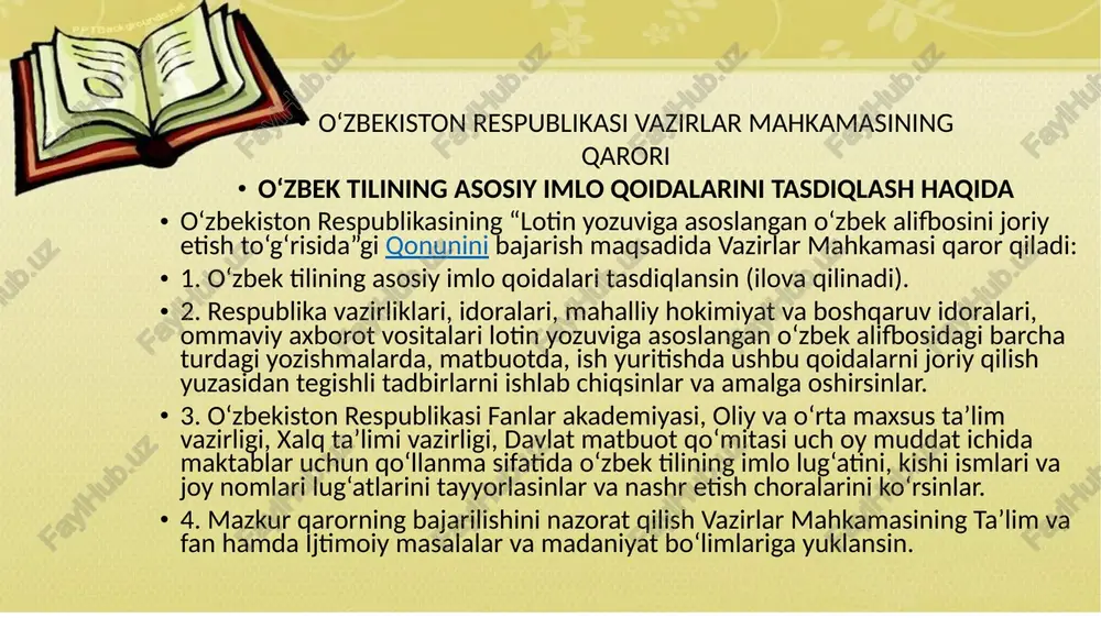 anday aytilsa, shunday yoziladi. masalan, ong o'zagidan - la affiksi bilan yasalgan so'z ongla emas, angla shaklida yoziladi, ya'ni o'zakdagi o o'rniga a talaffuz qilinadi va yoziladi. ishla negizidan yasalgan ishlovchi so'zida a o'rniga o yoziladi. (tara – taroq so'zlarida ham shunday).shuningdek, ruscha schѐt, schѐtka so'zlari ham eshitilishiga ko'ra cho't, cho'tka tarzida yoziladi. fonetik tamoyil orfografiyani jonli talaffuzga yaqinlashtiradi. yozuv va talaffuzda ma'lum darajada umumiylik saqlanadi.nutqimizda tushdi so'zi tushti, tushgan so'zi tushkan tarzida talaffuz qilinadi.ba'zan so'z oxirida bir undosh tushirilib aytiladiki (samarqan, xursan, pas kabi), bu so'zlar talaffuzdan boshqacharoq yoki to'liq yoziladi 2. morfologik tamoyil - nutqdagi so'z va affikslar qanday aytilishiga ko'ra emas, balki ularning butunligiga yoki variantlaridan birini tanlab olish asosidayozish morfologik tamoyil deyiladi. morfologik tamoyil so'z va morfemalarni adabiy tilda muqim shakllarida saqlash va yozishga ko'maklashadi, yozuvda bir xillikni ta'minlaydi. masalan, uchta so'zi ushta, kelib turibdi so'zi kep turipti tarzida aytiladi. ammo ular asliga muvofiq uchta, kelib …