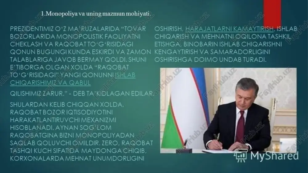 shakli sifatida maydonga tushgan edi. ishlab chigarishning vertikal to'planishi - milliy iqtisodiyotdagi bir necha o'zaro bog'liq tarmoqlarda mahsulot ishlab chigarishning to'planishidir.u ilmiy-texnika taraqqiyoti sharoitlarida keng rivojlandi. * ishlab chigarishning to'planishi 0'2 rivojining monopoliyalarning paydo bollishi ortasices ichki alogalar quyidagilarda namoyon bolladi: 1tarmoglarda bir necha yirk korxonalaming hukmron mavqega ega bo'lishi ularing bir- biti bilan kelishuviga hamda monopolistik birlashmalar tuzishiga imkon yaratadi; 2. yirik korxonalar o'ttasidagi raqobat juda qaltis bo'lib, ular uchun katta migyosdagi yo'gotishlarga oli kelishi mumkin. shunga ko'ra, raqobatni cheklash, tovarlarga yugori narxlar belgilash va yugori foyda olish uchun yirik ishlab chiqaruvchilaming monopolistik ittifoglarga birlashishlarilozim bo'ladi. monopoliyalarning vujudga kelishida ishlalb chigarishning to'planishidan tashgari yana bir gator omillar ta’sir ko'rsatadi: 1)daviatning proteksionistik bojxona siyosati u chet eldagi ragobatchy ic bozorga kirish imkoniyati syst ared ish monopoliyalarning payddt ja sharot jahon mamlakatlari tajribasi ko'rsatadiki, monopoliyalarga garshi apunchly asosan,quyidagi yo’nalishlar bo’yicha shakllanadi: 1) ishlab chiqarish (tarmoq)ni boshqa ruvchi gonunlar. bu qonunlarga ko’ra, …