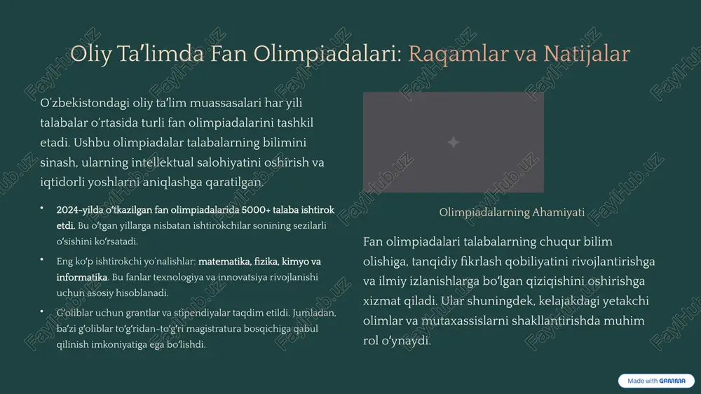rokchilar sonini koʻrsatadi. har bir tanlov oʻziga xos yoʻnalishda iqtidorli yoshlarni qoʻllab-quvvatlashga qaratilgan boʻlib, ularning amaliy koʻnikmalarini rivojlantirishga hissa qoʻshmoqda. 7 muvaffaqiyat hikoyalari: nomdor stipendiyalar soʻrab olingan yoshlardan munojat yoʻlchiyeva stipendiyasi sohibasi yunus rajabiy nomidagi o‘zbek milliy musiqa san’ati institutining magistratura talabasi dilnoza axmedova munojat yo‘lchiyeva stipendiyasi sohibasi boʻldi. u nafaqat darslarda aʼlo baholarga oʻqibgina qolmay, balki xalqaro musiqa festivallarida ham oʻzbekiston sharafini munosib himoya qilmoqda. uning ijodiy faoliyati yoshlarga namuna boʻlmoqda. fan olimpiadasi gʻolibi toshkent axborot texnologiyalari universitetining 3-kurs talabasi azizbek olimjonov respublika miqyosidagi informatika olimpiadasida gʻolib boʻlib, xalqaro dasturlash tanlovida kumush medalni qoʻlga kiritdi. uning muvaffaqiyati nafaqat shaxsiy yutugʻi, balki mamlakatimizning texnologik salohiyatining oʻsishini ham aks ettiradi. tanlovlarda qatnashgan yoshlar "innovatsion gʻoyalar" tanlovi gʻolibi, toshkent davlat texnika universiteti jamoasi "aqlli shahar" konsepsiyasini ishlab chiqib, uni real loyihaga aylantirish boʻyicha dastlabki investitsiyalarni jalb qildi. bu loyiha shaharning transport tizimi va ekologik holatini yaxshilashga qaratilgan. bu kabi hikoyalar nomdor stipendiyalar …