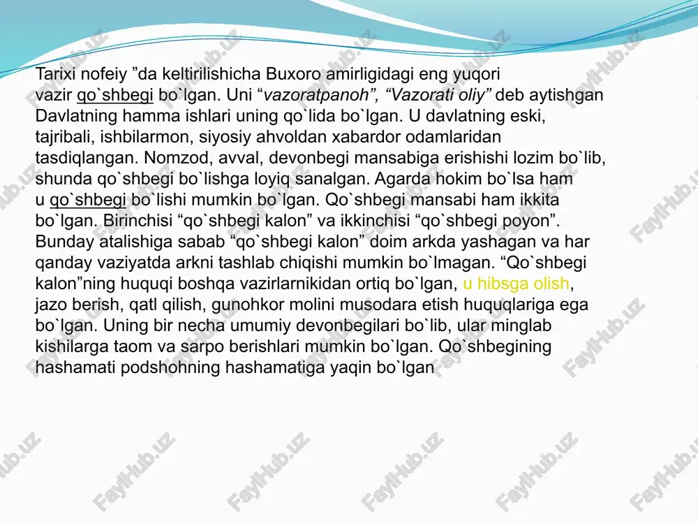 ng uchinchi maqsadi “buxoro podsholarining saltanatlarining tartibi haqida” deb nomlanib, u yetti fasl(qism)dan iborat. bu maqsadda amirlikdagi mansablar haqida ma`lumot berilgan. etiboringiz uchun rahmat image2.jpeg image3.jpeg image4.jpeg image5.jpeg image6.jpeg image7.jpeg buxoro amirligi nirlikka mang’itlar sulolasiasos ivlarga hevosita alogasi bot magan g 0 nggi amin ‘mamilakat bayrog't quyidagi shakda bo'igan: buxoro amiri | sulolastvaki debe davlat boshqaruvi —- | xix asrning ikkinchi yarmida buxoro amirligini idora qilish tizimi mirshabboshi (politsiya boshlig‘i) mirob (suv ta’minoti boshlig “i snqart shaybortyiae pabst rib yularida oliy davlat idorasi dargoh deb atalgan. (@&.on turgan. shayboniylar daviatida devonbegi (bosh vazir) lavozimi katta nufuzga ega u daviatda moliya va xdaigan. ishlarini boshqargan. 6 on, ive se xvi - asrda buxoro xonligi a @ 4 4 mamlakat ichida daviat boshqa mamlakatda ijtmoiy hayotni 1507 = yilda 5 ; yer — suv tartibga pul islohoti ruvida suyurg’ol a ; ae be sete es qaytadan solishga o'tkazildi tizimini jori etdi. eee …