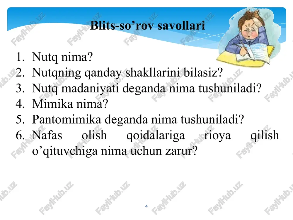 o‘z mahoratini oshi­rish uchun quyidagi jarayonlarni bilishi lozim: pedagogik texnika malakalarini mukammal egallash uchun avva­lo, o‘qituvchi o‘z fanini, o‘qitadigan predmetining boshqa fanlar bilan o‘zaro aloqadorlikda bilishi, pedagogik va axborot texno­logi­yalarini, pe­da­­gogika va psixologiya fanlari asoslarini davr taraqqiyoti darajasida bilishi, kasbiy jihatdan o‘z-o‘zini tarbiyalay oladigan bo‘lishi zarur. 3. o’qituvchining pedagogik texnikasini shakllantirish yo’llari 16 pedagogik texnikani egallashning asosiy yo‘llari o‘qituvchining ma­la­ka oshirish kurslariga ishtiroki ustoz murabbiylar rahbarligidagi mash­g‘ulotlar (ulardan pedagogik texnika sirlarini o‘rganish) mustaqil (kasbiy jihatdan o‘z-o‘zini tarbiyalash) ishlashdir. 17 pedagogik texnika ko‘nikma va malakalarini egallash individual-shaxsiy salohiyat ekanli­gini hisobga olib, pedagogik texnikani egallashda va uni takomil­lash­tirishda kasbiy jihatdan o‘z-o‘zini tarbiyalash, ya’ni talabalik yillarida o‘zida tajribali o‘qituvchilarning shaxsiy fazilatlarini va kasbiy mala­kalarini shakllantirishga qaratilgan faoliyat yetakchi rol o‘ynaydi, deb ay­tish mumkin. kasbiy ideal sari intilishda bu harakat pedagogik texni­kani egallashda muhim rol o‘ynaydi. 18 nutq – tildagi mavjud ifoda vositalaridan foydalangan holda real­likka aylangan fikr bo‘lib ikki xil ko’rinishda namoyon bo‘ladi: …