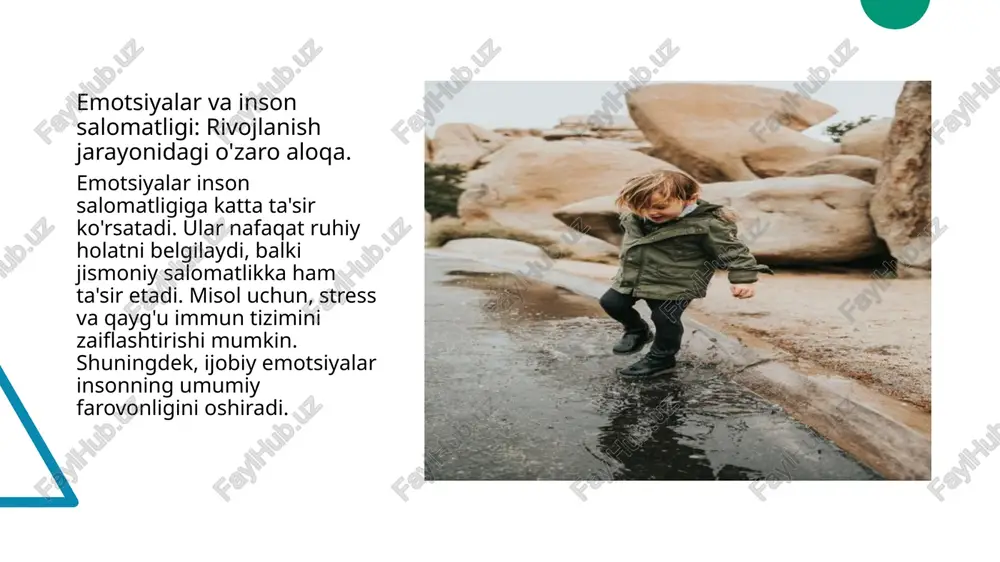 untazam mashg'ulotlar va o'z-o'zini rivojlantirish muhimdir. bu jarayon, hayotdagi muammolarni yengishda yordam beradi va o'z-o'zini anglashni oshiradi. xulosa 1 his tuygʻularining ta'siri his tuygʻular inson salomatligiga sezilarli ta'sir ko'rsatadi. ularning rivojlanishi va o'zgarishi inson psixologiyasida muhim rol o'ynaydi. 2 iroda va muvaffaqiyat iroda muvaffaqiyatga erishishda asosiy omil hisoblanadi. u, shuningdek, motivatsiya va qat'iyatlilikni oshiradi, bu esa ijobiy natijalarga olib keladi. 3 madaniy kontekst va hislar madaniyat his tuygʻularini shakllantirishda muhim o'rin tutadi. o'zbekiston kontekstida, ijtimoiy ta'sirlar emotsiyalarni rivojlantirishda ahamiyat kasb etadi. e'tiboringiz uchun rahmat! image1.jpeg image2.jpeg image3.jpeg