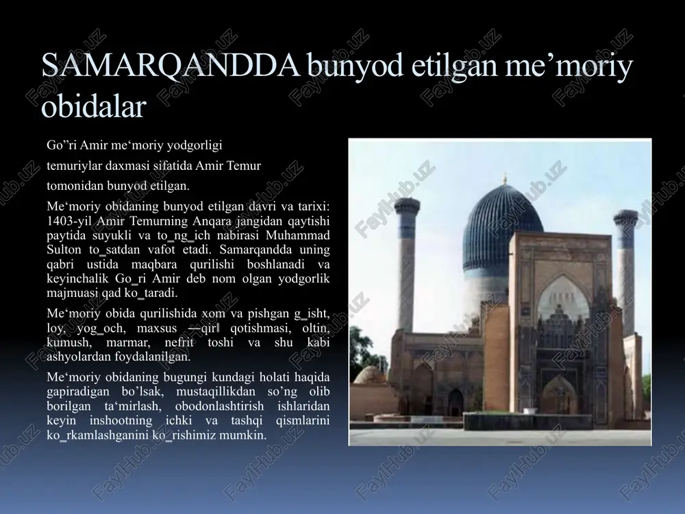 ofaga choʻzilgan. amir temur bog’lari bogʻi dilkusho (koʻngil ochuvchi bogʻ). amir temur xotinlaridan biri – toʻqalxonim sharafiga qurdirgan (1397). samarqanddan 5 km sharqda, panjakent yoʻlining oʻng tomonida (qadimgi hinduvon qishlogʻi oʻrnida) joylashgan. har tarafi 900 m uzunlikdagi baland paxsa devor bilan oʻralgan, 4 darvozasi, markazida hashamatli saroy boʻlgan. saroy uch qavatli boʻlib, har qavatida favvora otilib turgan. saroy devorlariga amir temur olib borgan urushlardan lavhalar chizib qoʻyilgan. amir temur ispaniya elchisi rui gonzales de klavixoni ana shu bogʻda qabul qilgan. bu bogʻ oʻrnida hozir dilkusho qishlogʻi joylashgan. amir temur bog’lari a.amir temur bogʻlaridan eng mashhurlari quyidagilar;bogʻi baland. amir temur samarqandning shimolidagi choʻponota maqbarasi yaqinida nabirasi (mironshohning qizi)ga atab qurdirgan. uni barpo qilishda eron, ozarbayjon va boshqa mamlakatlar bogʻchilik sanʼati ustalari hamda meʼmorlari qatnashgan. bogʻ oʻrtasida tabriz oq marmaridan qurilgan hashamatli qasr boʻlib, uning atrofidagi uzumzor, anjirzor va olmazorlar boqqa goʻzal bir tarovat baxsh etib turgan. amir temur bog’lari bogʻi maydon. …
