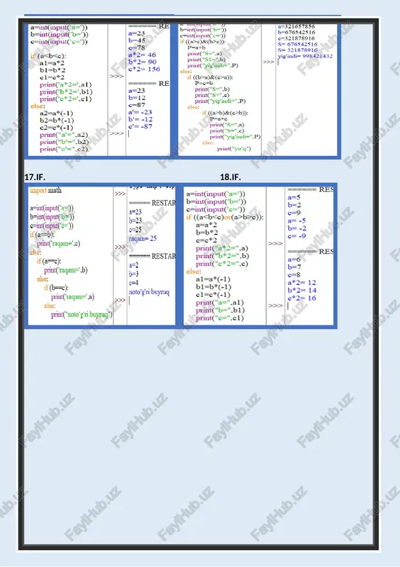 1 a. python_darslari_terd| file edit format rur| 'shart operatorlariga oid masalalar:""" import math input(' b=int(input(‘b=')) if ((a>b)or(axb)): s=atb print("yig'indi=",s) else: print('n=',(a-b)) @ idle shell 3.10.0 _ o x file edit shell debug options window help python 3.10.0 (tags/v3.10.0:b494£59, oct 4 2021, 19:00:18) [msc v.1929 64 bit (amd64)] on wi 32 type "help", "copyright", "credits" or "license()" for more information. >>> restart: c:\users\user\desktop\ess visual\python_darslari_terdu.py a=8 b=9 yig'indi= 17 >>> restart: c:\users\user\desktop\ess visual\python_darslari_terdu.py ad b=4 n=0 >>> 11:21 10/12/2021 a. python_darslari_ter! file edit format ry 'shart operatorlariga) oid masalalar:" import math int(input(’ b=int(input(‘b= c=int(input(‘e=')) s=max(a,b,c) #1 idle shell 3.10.0 _ o x file edit shell debug options window help python 3.10.0 (tags/v3.10.0:b494£59, oct 4 2021. 19:00:18) [msc v.1929 64 bit (amd64)] on wi 32 ‘credits" or "license()" for more information. >>> restart: c.\users\user\desktop\ess visuallpython_darslari_terdu.py kattasi= 29865 >>|| 12: 0/12/2021 a. python_darslari_ter file edit. format ru 'shart operatorlariga| oid masalalar:" import math intginput …