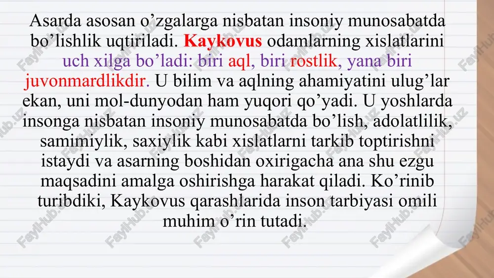 zirgi biz yoshlar bunday asarlardan koʻp bilim koʻnikma olmoqdamiz va oʻzimizga bogʻliq kerakli narsalarni bilib olishimiz mumkin. bobolarimiz bizdan nima kutgan boʻlsa biz ham istaklarini amalga oshirishda munosib avlod boʻlishga doimo harakatdamiz. ahmad yassaviyning pedagogik qarashlari shularni o’z ichiga oladi. 1.u insonni hidoyat yo’liga boshlash orqali uning ma’naviyatini yuksaltirishga asosiy masala deb qaraydi. 2.yassaviya tariqati insonni dunyo rohatidan kechib, o’zini alloh yo’liga solishga, toat ibodatni kanda qilmaslikka, alloh uchun qalbini, o’zini poklashga chorlaydi. 3.ahmad yassaviyning o’zi payg’ambar yoshiga yetgach dunyo tashvishlariga qo’l siltab, qolgan umrini uzlatda, yolg’iz, faqatgina alloh yo’lida tavba qilish bilan o’tkazadi. ahmad yassaviy fikricha, inson hech qachon mol-dunyoga, davlatga ishonib qolmaslik kerak. mol-u davlat hamisha hammadan qolib kelgan va bu an’ana bundan keyin ham davom etadi. shuning uchun ham u inson kamtar bo’lishi, hasadgo’ylikni yuqotishi kerakligini uqtiradi. ahmad yassaviyning o’zi faqirlikni afzal ko’rib, o’zini yaratganga bahshida etib, alloh yo’lida taqvo qilib umrini o’tkazgani bekor emas. shu o’rinda …