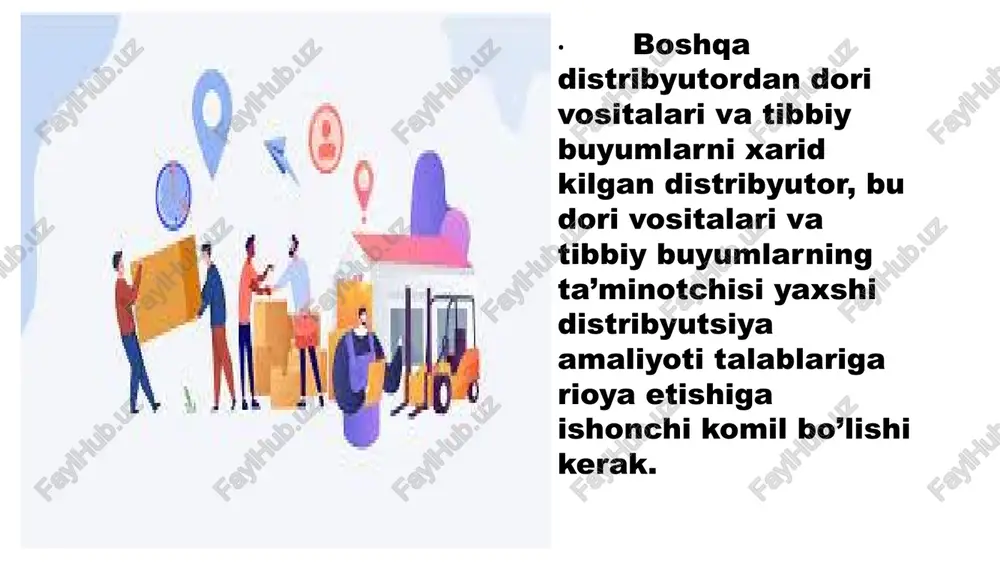 zaxarli moddalarning transportirovkasida distribyutor xavfsiz va noqonuniy ta’sirlardan himoyalangan xolda transportirovka rejimini ta’minlashi lozim. • yuqorida ko’rsatilgan dori vositalari va tibbiy buyumlarga nisbatan kushimcha nazorat tizimi tashkil qilinishi kerak. ularning ugirligi sodir etilgan takdirda xatti- xarakatlar tartibini belgilaydigan yo’riqnoma ishlab chiqilishi va hujjatlashtirilishi kerak. har kanday ugirlik xolatlari hujjatlashtirilishi kerak. • xavfli (yuqori faollikka ega) va radioaktiv dori vositalari va tibbiy buyumlar maxsus, himoyalangan va ishonchli transport vositalarida tashilishi kerak. qonunchilikka muvofiq xavfsizlik choralari qabul qilingan bo’lishi kerak. • termolabil dori vositalarini va tibbiy buyumlarni transportirovkasida talab qilinadigan transport sharoitlarini ta’minlaydigan, maxsus uskunalar va vositalar (izotermik uram, konteynerlar), shuningdek, zarur xarorat rejimini ta’minlaydigan transport vositalarini kullash kerak. e’tiborimgiz uchun rahmat title text addition the user can demonstrate on a projector or computer, or print the presentation and make it film title text addition the user can demonstrate on a projector or computer, or print the presentation and make it film …