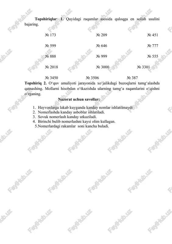 gavda o‘lchamlari, ularni boqish hamda bonitirovka qilish vedomostlari kiradi. yakunlovchi hisob - kitob formulalariga: sigirlar buqalarning xususiy kartochkalari, zavod naslchilik kitobi va boshqa seleksiya ishlarini holatini analiz qilish uchun elektron hisoblash mashinasiga tayyorlanadigan maxsus formalari kiradi. har qaysi hayvon tug‘ilgandayoq nomerlanadi va nomeri bilan xima-xil formalarga yoziladi. bu nomer hayvon umrining oxirigacha saqlanib qoladi. nomerlar 1 dan to 9999 gacha bo‘lib keyin yana qaytadan 1 dan boshlanadi. qoramolchilikda hayvonlarning nomerlashning xilma-xil usullari qo‘llaniladi. masalan, quloq qirrasini kesuvchi ombir bilan o‘yib olish, tatiurovka -- ignalar vositasida, sirga taqish, shox yoki tuyoqlarini kuydirish, mollar buyniga nomer osish va hakozo. bular orasida hozir keng tarqalgan usul tatiurovka ignasi vositasida tush rangini quloqning juni kamroq joyga tukib nomerlashdir. bu usulning kamchiligi shundaki, qo‘yilgan nomerni o‘qish uchun molni ushlab qulog‘ini ichki tomonini og‘darib qarash kerak buladi. shu sababli ko‘pincha mollar qulog‘igi plastmassadan yasalgan nomerlar, sirg‘alar taqiladi. molning individual nomeri uning qulog‘iga qo‘yiladi. yosh mollarni sigirlar …