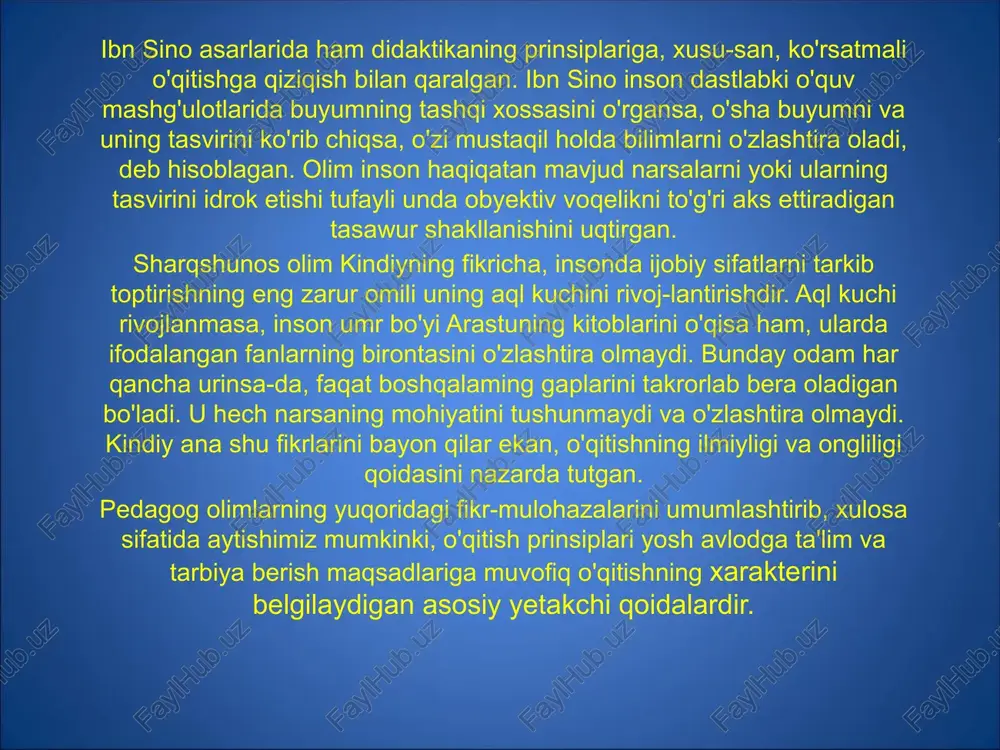 aniq bayon qilish katta ahamiyatga molikdir. biz o'quvchilarimizni hayotga, jamiyat qurilishida qatnashishga tayyorlaymiz. shuning uchun ta'lim amaliy hayot bilan bog'lanishi kerak. hozirgi paytda nazariyani amaliy hayot bilan bog'lash prinsipi alohida ahamiyatga ega. shunga ko'ra, uni ta'lim-tarbiya ishining hamma yo'nalishlarida amalga oshirish zarur. forobiy har qanday fanni ikki qismga, amaliy va nazariy qismlarga ajratgan. mana shu qismlarni qisqacha sharhlashda ular­dan hayotda foydalanish imkoniyatlarini hisobga olgan. uning amaliy va nazariy qismlarga bergan ta'riflaridan ta'limni amaliy yo'nalishda olib borish va hayotga, kishilarning kundalik faoliyatiga bog'lash fikri tug'iladi. ta'limning amaliy hayot bilan bog'lanish prinsipi nazariyani amaliy hayot bilan bog'lash prinsipini ro'yobga chiqarish uchun quyidagi tadbirlar amalga oshirilishi kerak: a o'rganiladigan materialni o'quvchilarning shaxsiy tajribasi va kuzatishlari bilan, quyi sinflarda esa ularning o'yinlari bilan bog'lash darker, chunki kichik maktab yoshidagi o'quvchilarni o'qitish albatta o'yin faoliyatini talab qiladi; b ta'limni atrofdagi hayot bilan, yangi jamiyatni qurish amaliyoti bilan bog'lash; d nazariyani amaliyot bilan fanning rivojlanishi jamiyatning …