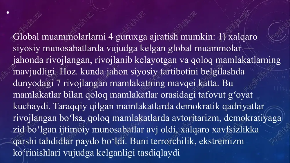 nizolar, xalqaro terrorizm, yopiq mamlakatlar). iqtisodiy global muammolar (transmilliy kapital, iqtisodiy urushlar va nizolar, rivojlanayotgan mamlakatlarni qoloqligini kuchayishi, demografik global muammolar (rivojlanayotgan mamlakatlardagi demografik portlashlar, aholi ortiqchaligi, taraqqiy etgan mamlakatlarda aholi sonini qisqarishi, aholi qarishi, migratsiya). shimol-janub, xalqaro qarzdorlik, moliyaviy-iqtisodiy inqirozlar, energetika muammosi.va boshqalar). ijtimoiy global muammolar (aholi daromadlaridagi tabaqalanishni kuchayishi, ishsizlik va qashshoqlik, to’yib ovqatlanmaslik, kasallik va narkomaniyaga qarshi kurash, megopolislar, inson salohiyatini rivojlantirish muammosi, oziq-ovqat, xavfsizlik, demografik va boshqalar). ekologik muammolar (global ifloslanish, radioaktiv ifloslanish, kislota yomg’irlari, tuproq eroziyasi, resurslarni cheklanganligi, iqlimni isishi, ozon qatlamini emirilishi, ekologiya va barqaror rivojlanish, inson havfsizligini ta’minlash muammosi, jahon okeani muammosi va boshqalar). shimol-janub muammosi. kambag’allik muammosi. oziq-ovqat muammosi. demografik muammo. jahon iqtisodiyotning globallashuvining tsiklligi tarixi va uning rivojlanish qonuniyatlari. 1. tsikl. xii asr o’rtalari – xv asr oxiri. 2. tsikl. xvi asr o’rtalari – xvii asr ikkinchi yarmi. 3. tsikl. xviii asr. 4. tsikl. 1840-1920 yillar. 5. tsikl. 60 yillarning oxiri …