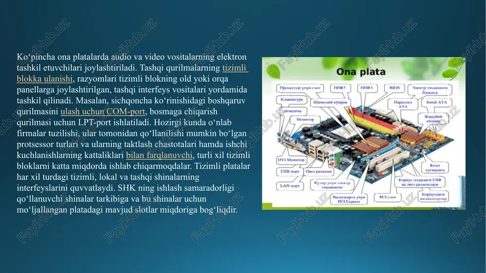 dr, bootmgr). kompyuter yongandagi har xil yozuvlar va tovushning chiqishi, rom(read only memory) xotirada yozilgan bios’ning ishi. bios quyidagi vazifalarni bajaradi: — kompyuterni faollashtirish, barcha elementlarini boshlang‘ich holatga keltirish; — kompyuter qurilmalarini dastlabki tekshiruvini amalga oshiradi(post-test); — kompyuter qurilma qismini dastlabki sozlash ishlarini amalga oshiradi; — tizim resurslarini taqsimlaydi; — pci qurilmalarini ro‘yxatdan o‘tkazish va sozlash; — operatsion tizimni dastlabki yuklanishini amalga oshiradi(bootmgr); — qurilmalarni bir-biri bilan moslashuvini tekshiradi; — elektr ta’minotini boshqarish, kompyuterni o‘chirish, uxlash holatiga o‘tkazish. bios’ni to‘g‘ri sozlash, kompyuter ishlashiga ta’sir ko‘rsatadi, shuning uchun dastlab shu dasturchani yaxshi o‘rganib olish lozim. har xil turdagi motherboar’lar har xil bios turlarini ishlatishadi, shuning uchun bitta yagona qo‘llanma qilishning iloji yo‘q, lekin asosi baribir bir xil. protsessorlarning turi rivojlangan sari, bios sozlashlari ham qiyinlashib bormoqda. bu esa, qo‘shimcha qiyinchiliklar tug‘dirmoqda. bios dasturini asosan quyidagi firmalar ishlab chiqishadi: — american megatrends (ami); — award software; — phoenix technologies. bios turiga qarab, …