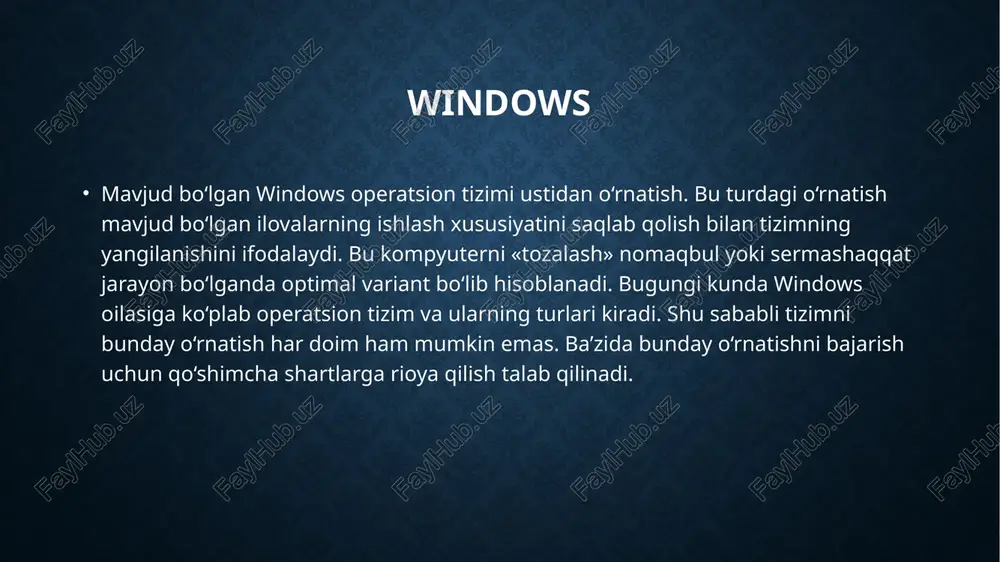 lok, monitor, klaviatura va sichqoncha. tzimli blok-asosiy platani va unga ulanadigan qurilmalarni o’zida jamlab turuvchi sistema bloki. klaviatura-ma’lumotlarni kompyuterga kiritishga yordam beruvchi qurilma. monitor-kompyuterdagi ma’lumotlarni ekranda aks ettirib beradi. sichqoncha-kompyuterdagi bajaradigan ishlarga yordam beruvchi qurilma. shkning imkoniyatini oshirish maqsadida turli qurilmalar ishlab chiqarildi va ular shkning qo'shimcha qurilmalari deb nomlandi. ular qatoriga: printer — kompyuterdagi ma’lumotlarni qog'ozga chop qilish qurilmasi. disk (axborot tashuvchi qurilma) - axborotlami ko'chirish, saqlash, tarqatish va tashish uchun ishlatiladigan qurilma. plotter - chizmalarni qog'ozga chiqaruvchi qurilma. skaner - kompyuterga matnli yoki tasvirli m a’lumotni kirituvchi qurilma. tarmoq adapteri - kompyutemi mahalliy tarmoqqa ulash imkonini beruvchi qurilma. audio-video adapter - kompyuter yordamida musiqa ijro etilishini va turli videoroliklarni ko'rishni ta’minlovchi qurilma. modem - telefon tarmog'i orqali boshqa kompyuter bilan ma’lumot almashuvini ta ’minlovchi qurilma. multimedia qurilmalari - kompyuter yordamida tovushli va video tasvirlami ko’rish imkoniyatini yaratib beruvchi qurilmalar. e’tiboringiz uchun rahmat! image2.jpeg image3.jfif image4.jpeg image5.jfif image6.jpeg /docprops/thumbnail.jpeg