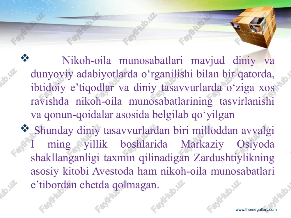 k alomati zohir bo‘lsa bu nikohdan voz kechish huquqiga ega. 2. er erkaklik qobiliyatiga ega bo‘lmagan taqdirda ayol taloq qilish imkoniyatidan foydalana oladi. 3. uch yil davomida ham er oilaning moddiy jihatini ta’minlay olmay, hatto ayolini boqa olmasa, xotin bunday erni tashlab keta oladi, ya’ni taloq qila oladi. 4. agar tomonlar bir-birlarining boshqa er va xotin bilan zino qilganliklarini eshitsa yoki sezsa, bunday nikoh “harom” bo‘ladi hamda tomonlar bir-birlarini taloq qiladilar. 5. agar xotinning hayoti er zulmidan xavf ostida qolsa, u o‘z juftini taloq qila oladi. 6. erkak kishi uylanish paytida oldingi xotinini bekitsa, to‘ydan keyin bu sir fosh bo‘lsa, bunday nikoh botil hisoblanadi. er yoki ayol zardusht dinidan yuz o‘girsa, ya’ni boshqa dinini qabul qilsa, taloq vojibdir. zardushtiylikda oila muqaddas sanalganligi uchun boshqa sabalarga ko‘ra, jumladan ig‘vo, tuhmat, er-u xotinning o‘zaro kelishmovchilikiga, ota-ona bilan chiqisha olmaslik bahonasi bilan nikohni bekor qilishiga yo’l qo’yilmagan. xotin qizlar orasida uchrab turadigan bo‘hton, …