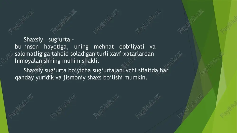 ib kelmoqda. ushbu sug‘urta turlari bo‘yicha sug‘urta tarifi bir sug‘urtalanuvchiga bir yilga eng kam oylik ish haqining 20 foizi miqdorida belgilangan. 2005 yil 1 fevral holatiga bu summa 1306 so‘mni tashkil etadi (2004 yil 1 avgustdan eng kam ish haqi 6530,0 so‘m miqdorida belgilangan). sug‘urta mukofotlari sug‘urtalanuvchi uchun respublika byudjeti mablag‘lari hisobidan to‘lanadi. hozirgi paytda mamlakatimizda faoliyat ko‘rsatayotgan sug‘urta tashkilotlari, asosan, quyidagi sug‘urta turlarini amalga oshirishadi: hayot sug‘urtasi chet elga ketayotgan shaxslarni sug‘urtasi ixtiyoriy tibbiy sug‘urta va kasal bo‘lish holatidan sug‘urta baxtsiz hodisalardan sug‘urtalash sug‘urta bozorida mijozlarni jalb etish bo‘yicha raqobat bo‘lganligi tufayli ixtiyoriy shaxsiy sug‘urta turlari bo‘yicha tarif stavkalari turlichadir. masalan, “o‘zbekinvest” kompaniyasida 20-25 yoshlardagi shaxslarni 100,0 ming so‘mga sug‘urtalash uchun tarif stavkasi ana shu sug‘urta summasiga nisbatan 1,125 foizni, yoshi 55-60 da bo‘lgan fuqarolar uchun esa tarif stavkasi 1,575 foizni tashkil etadi. “o‘zagrosug‘urta” sug‘urta kompaniyasida maktab o‘quvchilarini baxtsiz hodisalardan ixtiyoriy sug‘urtalash bo‘yicha tarif stavkasi sug‘urta summasiga nisbatan 0,2 …