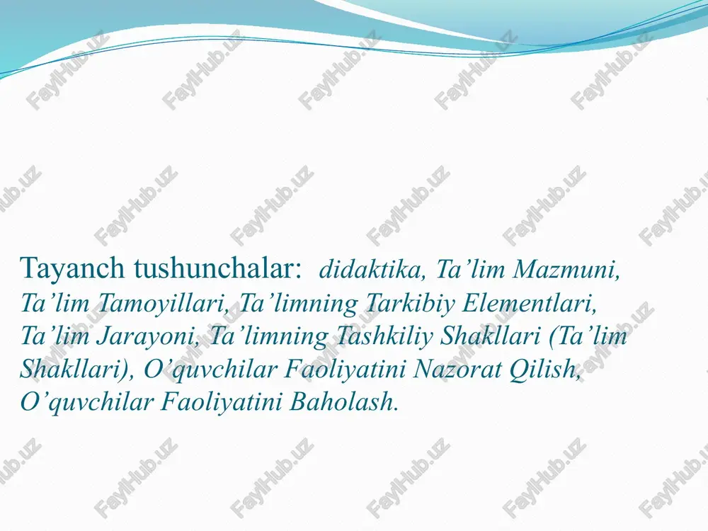 anishi sodir bo’lishini ifodalaydi. ta’limning tarbiyalash funktsiyasi turli ijtimoiy tuzum hamda sharoitda ham yaqqol namoyon bo’lib, ta’lim mazmuni, shakli va metodlarining mohiyati bilan belgilanadi va o’qituvchi hamda o’quvchilar o’rtasidagi munosabatlarni tashkil etish jarayonida yetakchi o’rin tutadi bilimlarni egallashning dinamikasini aniqlang bosqichlar raqam natijalarni baholash va tahlil qilish rejalashtirish boshqarish (rag’batlantirish) tashkil etish nazorat ta’lim jarayonini boshqarish bosqichlari bosqichlar tashkil etish nazorat rejalashtirish boshqarish (rag’batlantirish) natijalarni baholash va tahlil qilish bilimlarni egallash bosqichlari bosqichlar o’quv materialini anglab etish bilimlarni amaliyotda qo’llash idrok etish bilimlrni mustahkamlash bilimlarni egallashning dinamikasini aniqlang bosqichlar raqam bilimlarni qo’llash bilimlarni anglab yetish bilimlarni idrok etish bilimlarni mustahkamlash bilimlarni egallashning dinamik xarakteri bilimlarni idrok etish bilimlarni anglab yetish bilimlarni mustahkamlash bilimlarni qo’llash ta’limning gnoseologik asoslari. gnoseologiya (yunoncha – “gnosis” (“gnoseos”) – bilim, ong, o’rganish, logiya – fan, ta’limot) bilish, ilmiy bilimlarning shakllanishi, xususiyatlari, qonuniyatlari, uslublari, ilmiy tafakkur shakllari, shuningdek, insonga xos bo’lgan borliqni anglash qobiliyati haqidagi nazariya, ta’limot. …