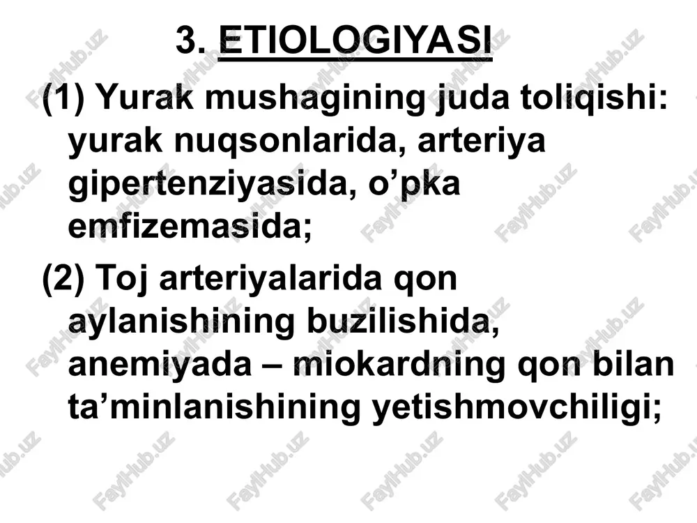 ida 1 foizli morfin gidroxlorid eritmasidan 1 ml yoki 2 foizli promedol eritmasidan 1 ml yuboriladi (nafas markazi qo’zg’aluvchanligini kamaytiradi). davosi (davomi) aylanib yuruvchi qon hajmini kamaytirish. o’pkada qon aylanishini yaxshilash uchun 5-10 ml 2,4% li eufillin eritmasini 10 ml izotonik eritma bilan vena ichiga yuboriladi. o’pka shishida o’pka kapillyarlari o’tkazuvchanligini kamaytirish. miokard oziqlanishini yaxshilash. b. surunkali yurak yetishmovchiligi 1. ta’rifi: surunkali yurak yetishmovchiligi (sbe) - miokard qisqarishi faoliyati pasayishi natijasida a’zolarning qon bilan ta’minlanishining buzilishiga olib keladigan patologik jarayon. 2. etiologiyasi - miokard kasalliklari (miokarditlar, miokardiodistrofiya, kardiomiopatiya), yuik, gipertoniya kasalligi, yurak nuqsonlari, o’pkaning surunkali obstruktiv kasalligi va h.k. 3. patogenezi syue rivojlanishi miokardning metabolik jarayonlari (elektrolitlar va gemodinamik buzilishlar) bilan bog’liq. miokard zararlanishi chap qorincha yetishmovchiligi oqibatida o’pka venasi bosimi oshishiga, o’ng qorincha yetishmovchiligida esa katta qon aylanish doirasida bosimning oshishi natijasida ichki a’zolarning qon bilan to’lishi ko’payadi, buyrakda qon aylanishi kamayadi va shish rivojlanadi. 4. klinik ko’rinishi yurakning …