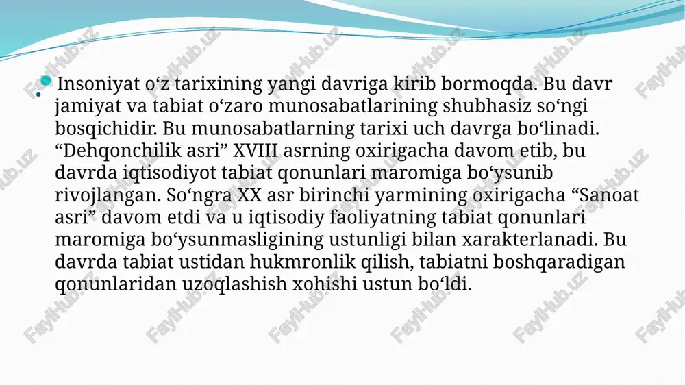 qabul qilindi va 2015-yil qoʻyilgan maqsadlarga erishishni hisoblash yili sifatida belgilab olindi. oxirgi oʻttiz yilda bmt har yili 200 dan ortiq davlatni global iqlim sammitiga yigʻadi. conference of the parties (cop27). bu 1992-yilda 197 davlat tarafidan bmt iqlimni oʻzgarish konvensiyasiga qoʻl qoʻyish bilan boshlangan. bu konvensiyani asosiy maqsadi — yerning iqlim tizimiga xavfli antropogen taʼsirni oldini olishga bagʻishlangan. birinchi cop 1995- yilda ispaniyada boʻlib oʻtgan, keyin yaponiyada kioto protokoli va fransiyada parij kelishuviga qoʻl qoʻyilgan. 2021-yilda bu sammit shotlandiyaning glazgo shahrida va 2022-yilda misr arab respublikasining sharm al-shayx shahrida boʻlib oʻtdi va u yerda glazgo iqlim pakti (glasgov climate pact) va “yoʻqotish va zarar” muammosi (rivojlangan mamlakatlar tomonidan iqlim inqirozidan eng koʻp zarar koʻrgan, inqirozga eng kam hissa qoʻshgan eng qashshoq mamlakatlarga tovon toʻlash) qabul qilindi. bunda xalqaro metereologiya tashkiloti ekspertlarini tavsiyasi boʻyicha yer sharida havo temperaturasini 1,5 gradusdan oshirmaslikka va uning salbiy oqibatlariga baho berilgan. ekologik muammolar va ularni …