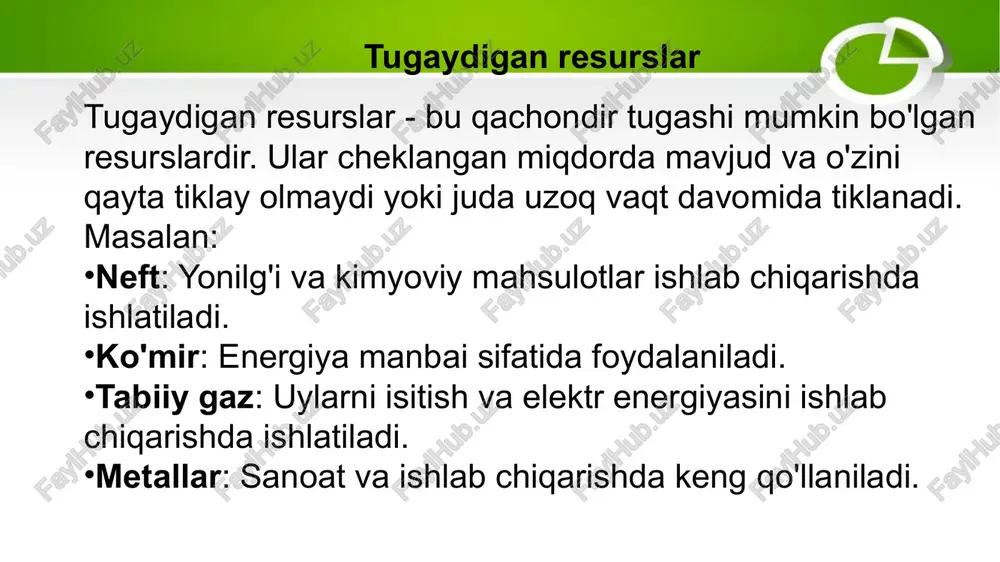 lari asosan quyidagi hududlarda joylashgan: buxoro viloyati: buxoro viloyatida yirik tabiiy gaz konlari mavjud, u yerda buxoro gaz koni va boshqa konlar faoliyat ko‘rsatmoqda. qashqadaryo viloyati: qashqadaryoda ham katta tabiiy gaz zaxiralari mavjud, masalan, shirin gaz koni. surxondaryo viloyati: surxondaryo viloyatida ham yirik tabiiy gaz konlari mavjud bo‘lib, bu hududda gaz qazib olish faoliyatlari olib boriladi. farg‘ona vodiysi: farg‘ona vodiysida ham tabiiy gaz zaxiralari mavjud, lekin ko‘proq gaz qazib olish buxoro va qashqadaryo viloyatlarida amalga oshiriladi. metallar — kimyoviy elementlar guruhiga kiradigan, fiziologik jihatdan mustahkam, yuqori issiqlik va elektr o'tkazuvchanligiga ega bo'lgan moddalar. metallar tabiiy holda yoki birikmalar (rudalar) sifatida yer ostida mavjud bo‘lib, sanoat, qurilish, elektronika, tibbiyot va boshqa ko‘plab sohalarda keng qo‘llaniladi. ularning xususiyatlari va foydalanish imkoniyatlari juda xilma-xildir. metallarning turlari: qimmatbaho metallar: bular yuqori iqtisodiy qiymatga ega bo‘lgan, korroziyaga chidamli va nisbatan kam uchraydigan metallar. misol sifatida: oltin (au): qimmatbaho, korroziyaga chidamli, va eng ko‘p ishlatiladigan investitsiya …