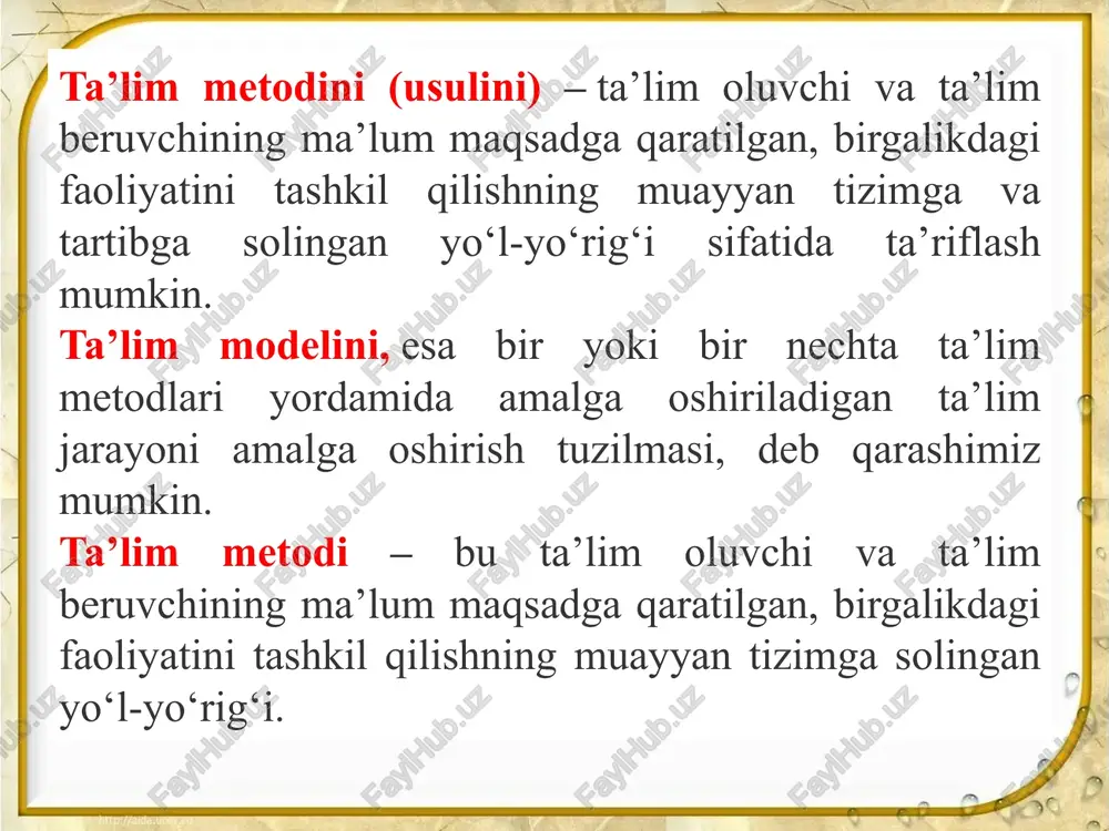 ydir darajada bilimga ega bo‘lsalar bu uslubdan foydalanish maqsadga muvofiq hisoblanadi. hatto mavzu haqida tasavvurga ega bo‘lmagan holda, yoki mashg‘ulotlar avvalida o‘rganilgan bilimni takrorlash uchun ham foydalanishlari mumkin. yangilik kashf etish orqali o‘rganish usuli bu yondoshuv o‘quvchilarning egallagan nazariy bilimlarini tadbiq etish bilan bir qatorda ularning o‘z-o‘zlarini rag‘batlantirish orqali bilim va ko‘nikmalar to‘plashlariga sharoit yaratadi. asosiy tamoyillari quyidagicha: o‘rganishdan maqsadni avvaldan aniqlab olish talab qilinadi. o‘rganish jarayoni ma’lum bir topshiriqqa yo‘naltirilgan bo‘lishi kerak. topshiriq quyidagilarni ta’minlaydi: tayanch ma’lumot olish uchun asos o‘quvchi uchun notanish bo‘lgan ma’lumotga chuqur kirib borishiga undaydigan so‘rovga e’tibor berish oldindan aniqlangan va sog‘lom tarzdagi o‘rganishga asoslangan natijalar. muvaffaqiyat – faoliyat-yutuq motivatsiyasiga asoslangan. guruhdagi hamkorlik: fikr va faoliyatni rag‘batlantiradi mushohadaga chorlaydi guruh ichida ikki tomonlama fikr-mulohazalar bilan ta’minlaydi. shaxs yoki guruhning ehtiyojidan kelib chiqqan holda o‘qituvchining qo‘shajak hissasiga ajratilgan vaqt chegaralangan. o‘qituvchi asosan o‘qish jarayonini yengillashtiruvchi va ikki tomonlama fikr-mulohazalar bilan ta’minlovchi shaxs vazifasini o‘taydi. kamdan-kam hollarda …
