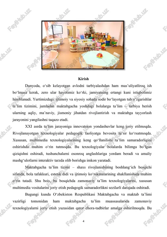 ni interaktiv, turli o'yinlar shaklida tushuntirish, o'sib kelayotgan avlod tomonidan shiddatli axborot oqimida zarurini tanlash va unga tanqidiy yondoshgan holda baholay olish imkonini beradi. bu esa o'z navbatida yoshlarning kelajakdagi fuqarolik pozitsiyasini yanada mustahkamlanishiga, jahonda yuz berayotgan voqea-hodisalarni xolis baholab, to'g'ri qaror qabul qila olishiga asos bo'lib xizmat qiladi. multimedianing ta’rifi va turlari. zamonaviy ta’lim jarayonining ajralmas qismi sifatida qaralayotgan multimedia vositalari bugungi kunda pedagogik faoliyatda keng qo‘llanilmoqda. multimedia – bu bir nechta axborot vositalarining (matn, grafik, audio, video, animatsiya) uyg‘unlashtirilgan shaklda ifodalangan ko‘rinishidir. bunday vositalar o‘quv jarayonini yanada qiziqarli, interaktiv va samarali qiladi. multimedia tushunchasi ingliz tilidagi “multi” (ko‘p) va “media” (vosita) so‘zlaridan tashkil topgan bo‘lib, ko‘p turdagi axborot taqdimotini anglatadi. bu turdagi taqdimotlar ko‘pincha elektron qurilmalar yordamida amalga oshiriladi, masalan, interaktiv doskalar, planshetlar, kompyuterlar, televizorlar va boshqa axborot-kommunikatsiya vositalari orqali. multimedia vositalarining asosiy turlari quyidagilardan iborat: 1. matnli axborot bu — pedagoglar tomonidan taqdim etiladigan yozma ma’lumotlar, ssenariylar, …