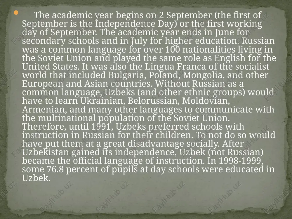 approach by staff, the reform period is estimated at 10 to 15 years. the current transformation of the educational system is performed along educational models in developed countries. according to gulyamov, "during the process of developing the national program the experience of reforming education in more than 30 leading countries in the world has been studied" (gulyamov 1999). in 1997, president karimov founded "umid," a program providing students with educational fellowships for obtaining education abroad. by the year 2000, over 700 students have been awarded the "umid" presidential scholarship to pursue graduate and undergraduate degrees in the united states, the united kingdom, germany, france, italy, and japan. certainly, returning graduates are expected to bring back "the influence," and those who have finished their studies are employed by the state. the uzbekistan educators established contacts with the united nations organization and separate countries like france, germany, the republic of korea, turkey, …
