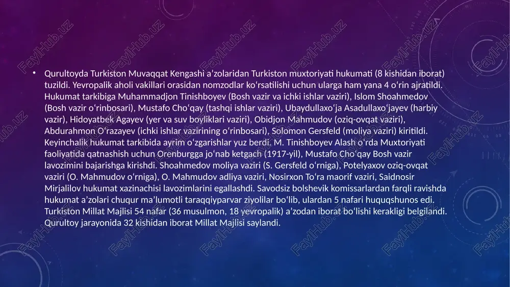 zkor rejalari mavjudligining yana bir dalili sifatida qabul qilindi. turkistonliklar tinch yoʻl (parlament) bilan milliy davlatchilikni qayta tiklash mumkin emasligini tushunib, 1918-yil fevral oyining oxirida qoʻllariga qurol olgan holatda turkistonda sovet rejimi va bolsheviklarga qarshi qurolli harakatni boshlab yubordilar. sovet tuzumi davrida turkiston muxtoriyatining mohiyati soxtalashtirilib, u tor maʼnodagi qoʻqon muxtoriyati bilan almashtirildi. image2.png image3.png image4.jpeg image5.jpeg image6.jpeg turkiston muxroniuart jog 0: —— | mustafo cho‘qay tavalludi 25-dekabr 1890 vafoti 27-dekabr 1941"] fuqaroligi rossiya imperiyasi /docprops/thumbnail.jpeg termiz davlat universitetitarikfakuteti i -kurs 320 ~ gruih talabas! bahodirova, sabrinaning o'zbexiston tarix fanidan [mustagil ish uchun tayyorlangan tagdimot isi