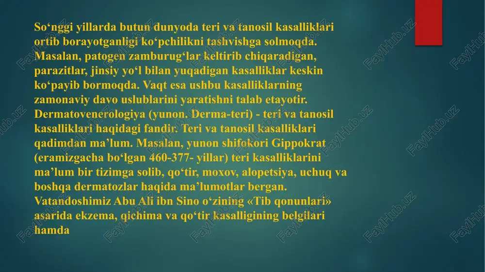 sil bo‘ladigan qattiq toshma. kattaligi jihatidan miliar, lentikulyar, nummulyar va yassi bo‘ladi. 3. do‘mboqcha (tuberculum) — yallig’lanish maddasining shakllanishidan hosil bo‘lgan toshma. toshmaning so‘rilishi oqibatida chandiq yoki dog‘ qoladi. 4. tugun (nodus) — terining chukur qavatlarida hosil bo‘ladigan o‘smasimon qattiq element. teri sathidan xamma hollarda bo‘rtib chiqavermaydi. 5. qavarish (urtica) — teri sathidan bo‘rtib, qavarib chiqadigan chegaralangan toshma. yuzasi tekis va silliq, qichishish bilan kechadi. 6. pufak (bulla) — epidermis va uning tagida suyuqlik to‘planishi natijasida hosil bo‘ladigan bo‘shliqli element. pufak muguz qavat ostida (subkorneal), tikanli qavat bag’rida (intraepidermal) va asl terida (subepidermal) joylashishi mumkin. kichigi no‘xatday, kattasi tuxumday keladi. 7. pufakcha (vesicula) — tarkibida seroz yoki qonli suyuklik saqlaydigan kichik bo‘shliqli toshma. eng katta pufakcha tariqdek bo‘ladi. pufakcha asosan yallig’langan dog’lar sathida toshadi. 8. (pustula) jtarkibida yiring saqlaydigan bo‘shliqli element bo‘shlig’i epidermisda hosil bo‘ladi. joylashish tarziga qarab yuzaki, chuqur va follikulyar tangachalar farqlanadi. ikkilamchi toshma elementlariga kuyidagidar kiradi: 1. …
