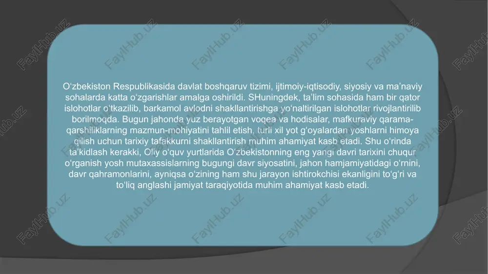 ssasalari olib borayotgan asosiy, amaliy va innovatsion tadqiqotlarga katta e’tibor qaratadi. bugungi kunda yuqori bilimni talab qiluvchi mahsulotlar va ilmiy-tekshirish muassasalari xizmatlarini keng targ‘ib qilish, muhim amaliy ilmiy natijalardan foydalanishning yangi yo‘llari aniqlanib, hayotga tatbiq qilinmoqda, o‘zbekiston respublikasi fanlar akademiyasi ilmiy bo‘limlari faoliyati takomillashtirilmoqda. foydalanilgan adabiyotlar. 1. ergashev b. manbashunoslik va tarixshunoslik. darslik. samdu tahririy- nashriyot bo'limi. - samarqand.: 2021. 2. madraimov a., fuzailova u. tarixiy manbashunoslik. o'quv qo'llanma. -t.: fan. 2010. 3, ahmedov b. o'zbekiston tarixi manbalari (qadimgi zamon va o'rta asrlar). - t. fan. 2011. image1.png image2.jpeg image3.jpeg image4.jpeg image5.jpeg image6.jpeg image7.jpeg image8.jpeg image9.jpeg valine eas yarn ashi, : 991, yf adaniy » inleaur , k lirmly aut waa i> ketishini takiklash ofk ekesert ada kediing) taurean’ seeotssir saanme cpemteasnarckoro rocynapcrsehhoro yihbepchtera (ume hanmonansiiit yxunepcrrer y36ekncraha) et e’tiboringiz uchun rahmat!
