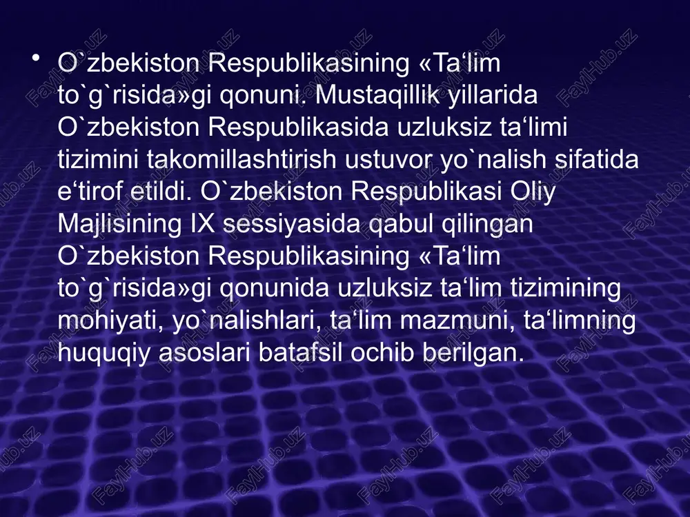 b-hunar ta‘limining ixtiyoriyligi tamoyilining asosiy mohiyati o`quvchilarning yangi turdagi o`quv muassasalarida ta‘lim olish yo`nalishini ixtiyoriy ravishda tanlash huquqiga ega ekanliklarini anglatadi. bu iki turdagi uch yillik maxsus ta‘lim yo`nalishlarini o`quvchilar o`z iqtidorlari va xohish-istaklariga tayangan holda tanlaydilar. ana shu tarzda o`quvchilarning biron bir shaklda bilimlarini takomillashtirish, muayyan kasb-hunar egasi bo`lib yetishishlari uchun sharoit yaratiladi. ta‘lim tizimining dunyoviy xarakterda ekanligi mamlakatda ta‘lim taraqqiyotining rivoji ilmiy asoslarga ega bo`lib, u fan-texnika, madaniyatning yuksala borishi bilan chambarchas holda rivojlanib borishini nazarda tutadi. o`zbekiston respublikasining «ta‘lim to`g`risida»ni qonunining 4-moddasida belgilab qo`yilganidek, fuqarolar millati, tili, jinsi, yoshi, diniy e‘tiqodi, ijtimoiy kelib chiqishi, mavqei, xizmat turi, turar joyi, o`zbekiston respublikasida hududida qancha vaqt yashayotganligidan qat‘iy nazar bilim olish huquqiga egalar. davlat ta‘lim standartlari doirasida ta‘lim olishning hamma uchun ochiqligi tamoyili aynan mana shu holatni yoritishga xizmat qiladi. ta‘lim dasturlarini tanlashga yagona va tabaqalashtirilgan yondashuv o`zbekiston respublikasining «ta‘lim to`g`risida»gi qonunining 7-moddasida o`z ifodasini topgan. davlat ta‘lim standartlari …