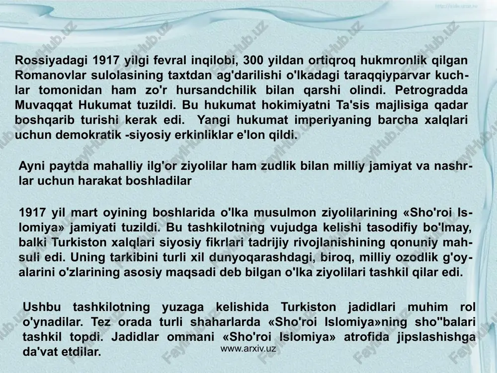 ho'roi islomiya» tashkiloti faollari yig'ilganlarni shaharda federalistlar firqasi sho''basini tuzishga chaqirdilar. taraqqiyparvar ziyolilar tomonidan ishlab chiqilgan firqaning maromnomasini o'lkada demokratik ko'rinishdagi davlat qurishning nazariy asosi edi deyish mumkin. bu fikrni maromnomaning quyidagi bandlari bilan izohlash mumkin: «firqaning maqsadi: 1)rusiyada mahalliy va milliy adami markaziyat (federasiya) asosi uzra xalq jumhuriyati tashkil etmakdur. 2) firqa turkiston, qirg'iziston, qofqoz va boshqirdiston qit'alari ( o'lkalari) uchun va boshqa milliy va mahalliy muxtoriyat, idil bo'yi ila qrim totorlari uchun va boshqa rusiyada yashaydurgon turk qavmlari uchun milliy muxtoriyat talab qiladur...4)millatning yigirma yoshga yetub, aqliyat paydo qilg'on har bir fardi: er bo'lsun, xotun bo'lsun- sinf, din va mazhab ayirmasig'a boqmasdan saylamak va saylanmak haqina molikdur. 5)yuqorida mazkur barcha muxtoriyatli qit'alar markaziy hukumat ila vatan mudofaasi, pul chiqarmak, boj va xorijiy hukumatlar ila munosabatda bo'lmoq xususlarida aloqa va irtibotini (bog'liqlikni) muhofaza qilur. 6) muxtoriyatli qit'alar dohiliy mas'alalar (idoriy, moliy, shar'iy, madaniy, adliy va maorif ishlari)da mustaqildur...». www.arxiv.uz …