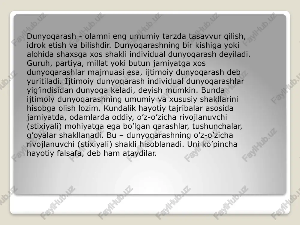 iyat usullari to’g'risidagi tallimot. logika — tafakkur shakilari (tushuncha, xukm, xulosa) va tafakkur vositalarini (ta'rif, qoid muxokama, tafakkur qonuniyatlari), ularning mazmunidan gat nazar, holis o'rganuvchi ta'limot. etika — axlog falsafasi, insoniyatning axloqiy tamoyillari, talab va tartib-qoidalari to’g'risi fan. vi — nafosat falsafasi, jamiyat va inson hayotida go"zallikning o'rni, qonun-qoidalar y g’tisidagi qarashlar majmui manbalar[tahrir | manbasini tahrirlash] 1.1 "philosophy", the oxford dictionary of philosophy, blackburn, simon (1994). oxford university press 2.1 "emergence of the history of chinese philosophy”, comparative approaches to chinese philosophy. cua, anthony s. 3.1 d. rutherford (ed.), the cambridge companion to early modern philosophy (cambridge up, 2006) 4.1 s. nadler (ed.), a companion to early modern philosophy, (blackwell, 2002) 5.1 shand, john (ed.) central works of philosophy, vol.3 the nineteenth century (mcgill-queens, 2005) 6.1 beiser, frederick c. the cambridge companion to hegel, (cambridge, 1993) e’tiboringiz uchun rahmat!