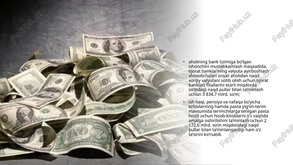 bank» 158 46 atib «ipoteka-bank» 120 60 atb «mikrokreditbank» 91 30 atb «agrobank» 152 100 atb «turonbank» 26 7 jami 1661 500 banklarning hizmat turlari o’zbekiston respublikasi tiklanish va taraqqiyot jamg’armasining ulushini shakllantirish va oshirish hisobiga yo’naltirilayotgan mablag’lar, birinchi navbatda, 2017-2018 yillarda hududlarni ijtimoiy-iqtisodiy rivojlantirish va tadbirkorlik sub’ektlarini moliyaviy qo’llab-quvvatlashning tasdiqlangan manzilli dasturlarini moliyalashtirishga (birgalikda moliyalashtirishga) sarflanishi belgilandi. etiboringiz uchun raxmat image1.jpeg image2.jpeg image3.jpeg image4.jpeg image5.jpeg image6.jpeg image7.jpeg image8.jpeg image9.png image10.jpeg os) university a! t ] of science and technologies hkhm tamikmji sthiipa jomp jimueh3h sial bockmyiaph 2-6ockh4 bank auuewsuscnnn gepant = 1-gockua ta binioaapnst na gouna acocut wraapiot gare xnanatagpa eter ot 9°98 289 kac6 ly nance wna gate axanasopzapm, ‘oxi eed auap wyaeaopaap hs resmacaara paxoupnapit racot ‘ynogikunr kana nua ‘epsen gaxonanac jismoniy shaxslarga yuridik shaxslarga ¢ pul o’tkazmalari. * lizing. * omonatlar. * faktoring. ¢ bank kartalari. * internet banking, ¢ kredit mahsulotlati. ¢ omonat sertifikatlari. ° …