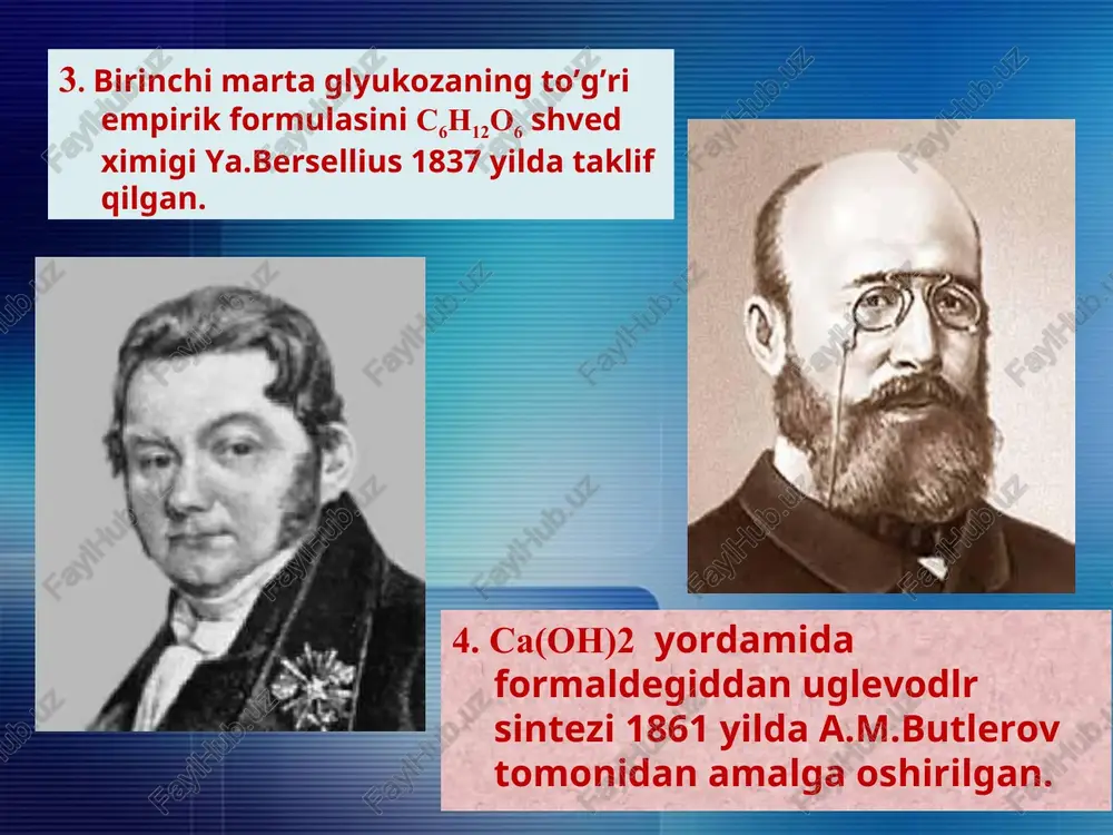 chiqqan gazlar hajmi qo’shiladi. h2(22,4·2)+co2(22,4·2)= 89,6l 3) 380 gr glyukozadan ajralib chiqadigan gazlar hajmi topiladi. 380 —— x 180 —— 89,6 x = 189,2 l gazlar 4) 75 % unum bo’yicha hosil bo’ladigan gazlar hajmi topiladi. 189,2 —— 100 % x —— 75 % x = 142 l gazlar javob: 142 l gazlar mustaqil ishlash uchun masalalar ovqat maxsulotlarini ko’p qismini kraxmal tashkil etadi. kraxmalni oziq-ovqat maxsulotlari tarkibida mavjudligini qanday aniqlash mumkin. izohli javob bering. biri ikkinchisidan gidroksil gruppasi bilan farq qiladigan birikmalar juftini ko’rsating: 1) sut kislota 2) riboza 3) propion kislota 4) glyukoza 5) dezoksiriboza 6) fruktoza. dezoksiribozaning aldegid shaklidagi ikkinchi uglerod atomining oksidlanish darajasini ko’rsating. qaysi modda yordamida glyukozaning 5 atomli spirt ekanligini isbotlash mumkin? javobingizni reaksiya tenglamasi orqali izohlang. tarkibida 10 % qandsiz qo’shimchasi bo’lgan 200 kg glyukoza bijg’ishidan hosil bo’lgan spirtdan qancha massa (kg) sirka kislota olish mumkin? 1 t «kumush ko’zgu» reaksiyasini beruvchi uglevod …