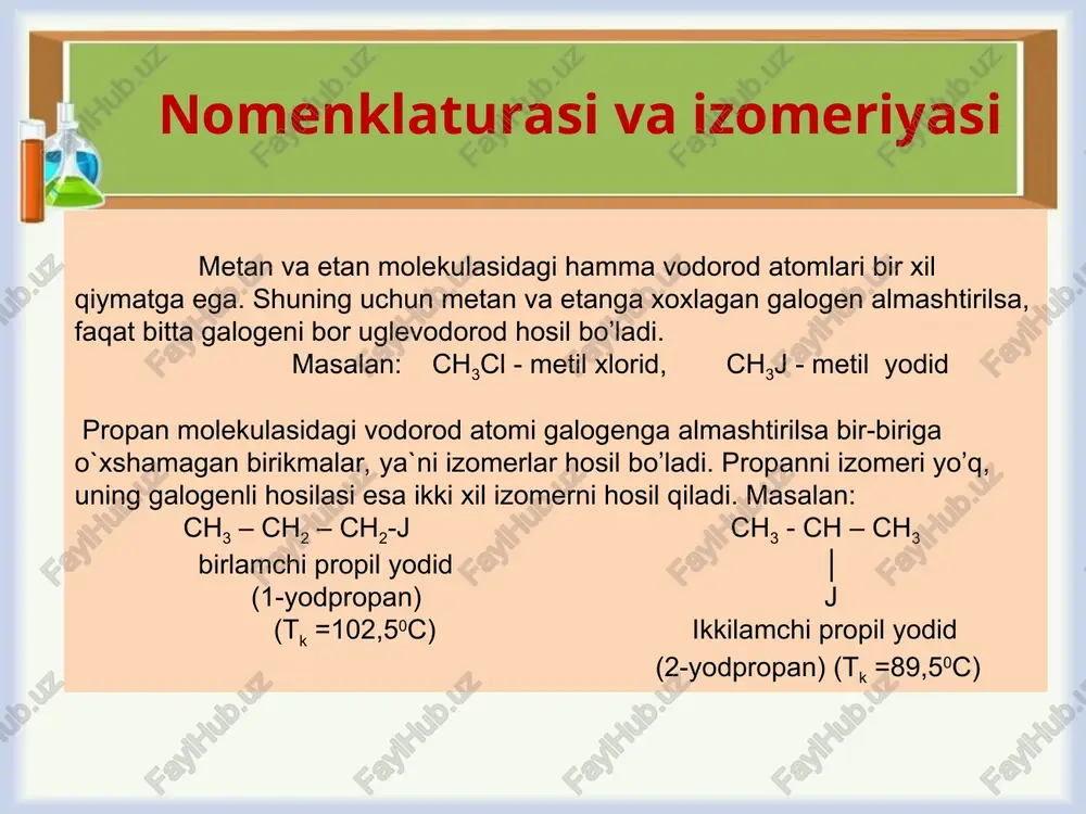 ,85 86,468 cf3cl triftorxlormetan r13 -181 -81,5 104,459 cfcl2h ftordixlormetan r21 -127 8,7 102,923 cf2cl2 diftordixlormetan r12 -155,95 -29,74 120,913 cfcl3 ftortrixlormetan r11 -110,45 23,65 137,368 cf3br triftopbrommetan r13b1 -174,7 -57,77 148,910 cf2br2 diftordibrommetan r12b2 -141 24,2 209,816 cf2clbr diftroxlorbrommetan r12b1 -159,5 -3,83 165,364 cf2brh diftorbrommetan r22b1 -- -15,7 130,920 cfcl2br ftordixlorbrommetan r11b1 -- 51,9 181,819 cf3i triftoriodmetan r13i1 -- -22,5 195,911 tetraftoretilen tetraftoretilen kimyoviy formulasi: c2f4 rangsiz, hidsiz, og’ir gaz.(havodan 3.5 marta og’ir). 1. nukleofil o’rin olish reaksiyalari. galogenhosilalar uchun nukleofil o’rin olish reaksiyalari xosdir. uglerod-galogen bog`ining qutblanuvchanligi natijasida uglerod atomi qisman (δ - delta) musbat zaryadga ega bo’lib qoladi h3c → cl. natijada uglerod atomi elektrofil markazga aylanadi. elektrofil markaz esa nukleofil reagent, ya`ni tashqi elektron pog`onada erkin elektron juftini saqlagan zarracha yoki ionlar (oh-, i-, cn-, no2-, nh3, h2o) tomonidan hujum qilinadi. kimyoviy xossalari. kimyoviy xossalari. nukleofil o’rin olish reaksiyalarda galogen hosilalarning reaksion qobiliyati uglevodorod radikalining tuzilishiga, …