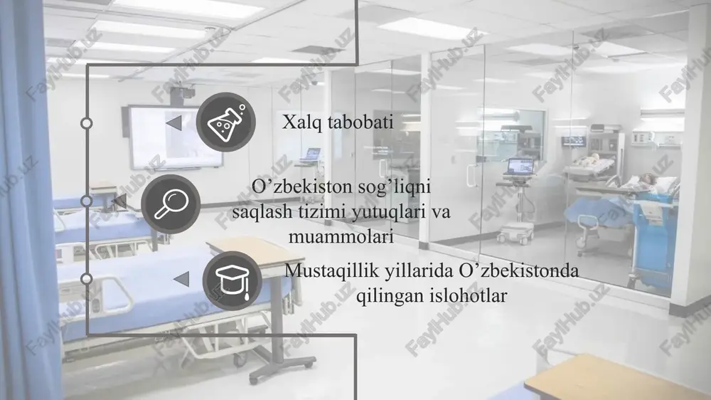 lity style.visibility style.visibility ppt_x ppt_y style.visibility ppt_x ppt_y style.visibility ppt_w ppt_h style.visibility style.visibility style.visibility style.visibility xalq tabobati o’zbekiston sog’liqni saqlash tizimi yutuqlari va muammolari mustaqillik yillarida o’zbekistonda qilingan islohotlar style.visibility style.visibility style.visibility style.visibility ppt_x ppt_y style.visibility ppt_x ppt_y style.visibility style.visibility style.visibility ppt_x ppt_y style.visibility ppt_x ppt_y style.visibility style.visibility style.visibility ppt_x ppt_y style.visibility ppt_x ppt_y style.visibility style.visibility style.visibility style.visibility kasallikning ijtimoiy muammolari xulosa style.visibility style.visibility ppt_x ppt_y style.visibility ppt_x ppt_y style.visibility ppt_w ppt_h style.visibility style.visibility style.visibility ppt_x ppt_y style.visibility ppt_x ppt_y style.visibility ppt_w ppt_h style.visibility kasallik nima ? kasallik – organizmga tashqi yoki ichki muhitning zararli omillari ta’sir etganda ro’y beradigan patologik jarayon . kasallikning paydo bo’lishida tashqi muhit omillari yetakchi rol o’ynaydi , chunki ular organizmga bevosita ta’sir etish bilan birga uning ichki xususiyatlari ham o’zgartira oladi , bu o’zgarishlar nasldan-naslga o’tib , unda kasallikni yuzaga keltirishi mumkin . 6 kasallikning tibbiy muammolari ? so‘nggi paytlarda mamlakat xavfsizligini mustahkamlash , …